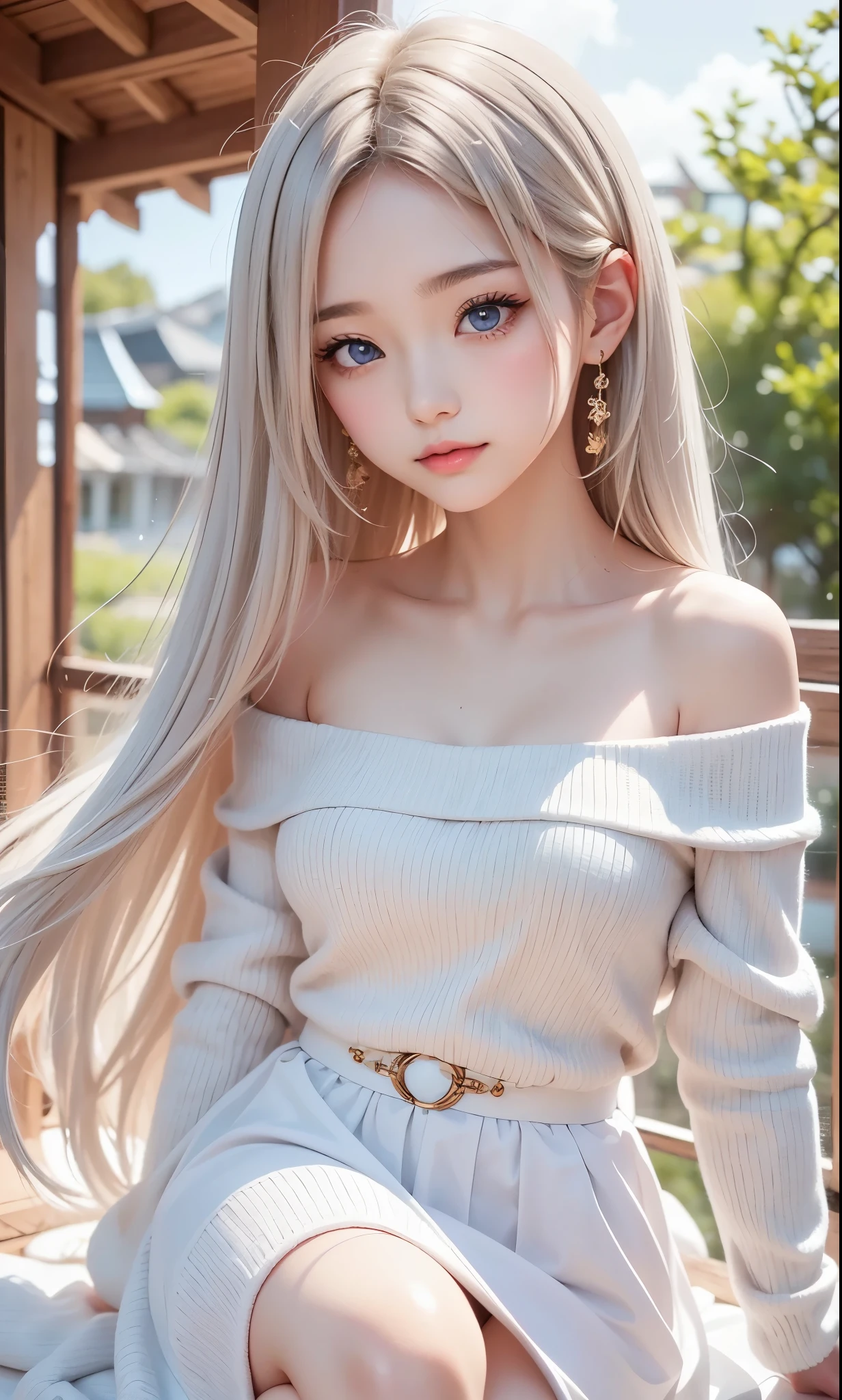 There is a woman in a white dress, artwork in the style of Gwaiz, Gwaiz on pixiv artstation, Gwaiz on artstation pixiv, Gwaiz, Fantasy art style, Gwaiz masterpiece, Beautiful and elegant queen, Beautiful character drawings, Detailed digital anime art, Blonde Princess, Gray Hair, Sky blue eyes, Pink Lips, off shoulder sweater, cool girl face, beautiful eyes, face type, reika