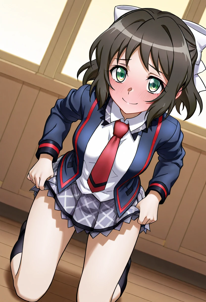 solo, 1girl, , hazuki katou,.,looking viewer ,grin,medium breasts,classroom,blazer,miniskirt,socks,squatting,open legs,spread legs,,peace pose,(panties)