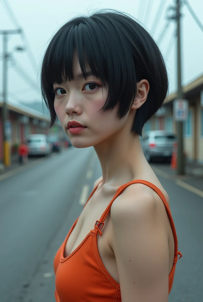 There is a 2 year old girl, standing on a city street with a black top, with short hair, anime girl in real life, portrait of an African child, curly and short top hair, subtle anime style, anime style mixed with Fujifilm, african girl, beautiful african girl, ethnicity: African, in neo Tokyo,  hyper-realistic cyberpunk style