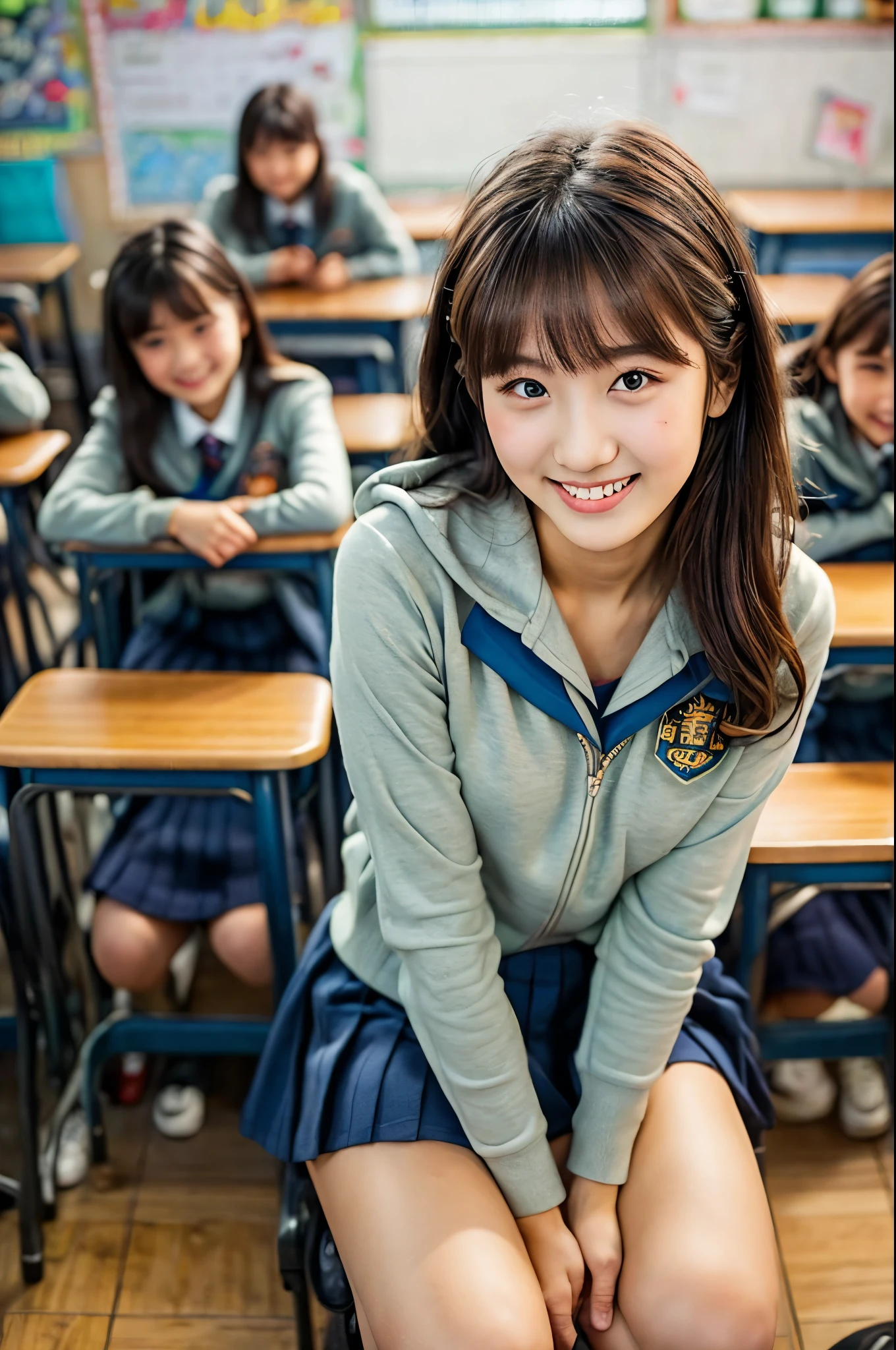 (full body)、((Highest quality)), ((masterpiece)), (Becoming closer), perfect face, , realistic, photo realistic, Highly detailed faces、beautiful woman under hoodie、 look embarrassed、( stares at the viewer) , full bodyショット , Stand up、Wet Skin、 camel toe、Girls line up in a school classroom,navy blue blazer、WHITE OXFORD LONG SLEEVE SHIRTS, red ribbon tie on school uniform, 18 years old,bangs, smiling slightly , thighs,Knee,from below,