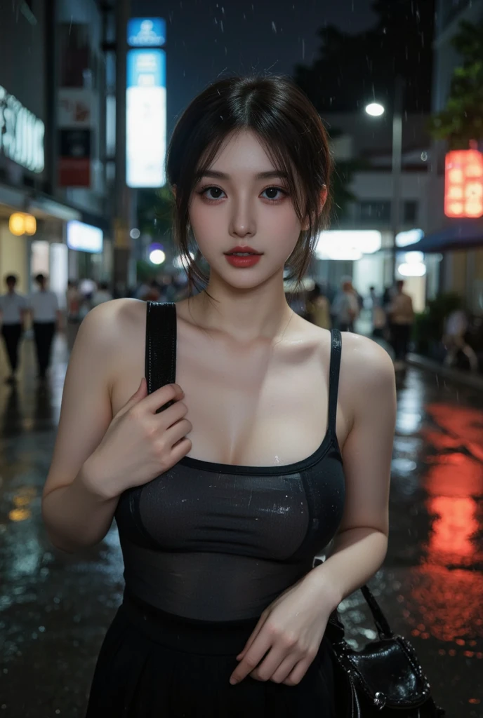 (Top quality, 8K, Masterpiece: 1.3)), cleavage,Focus: 1.2, Perfect body beauty: 1.4, hindquarters: 1.2, ((layered haircuts, Breasts: 1.2)), (Wet clothes: 1.1), (rain, street: 1.3), black long dress, Highly detailed face and skin texture, Narrow eyes, Double eyelids, Whitening skin, Long hair, (Shut up: 1.3), perplexed