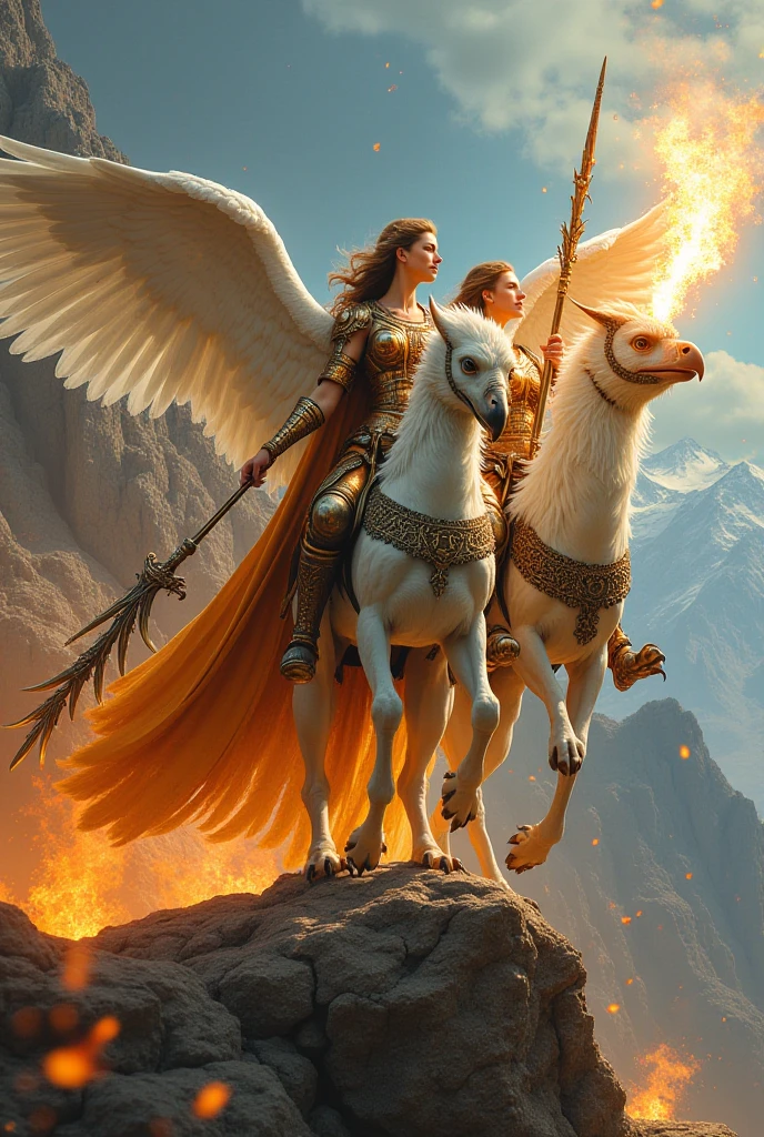 A cute sorcerer (cute woman, sexy airy silken robe with bright symbols) is riding on the back of a fierce griffin, she is tossing lightning as the griffin flies low over the battlefield