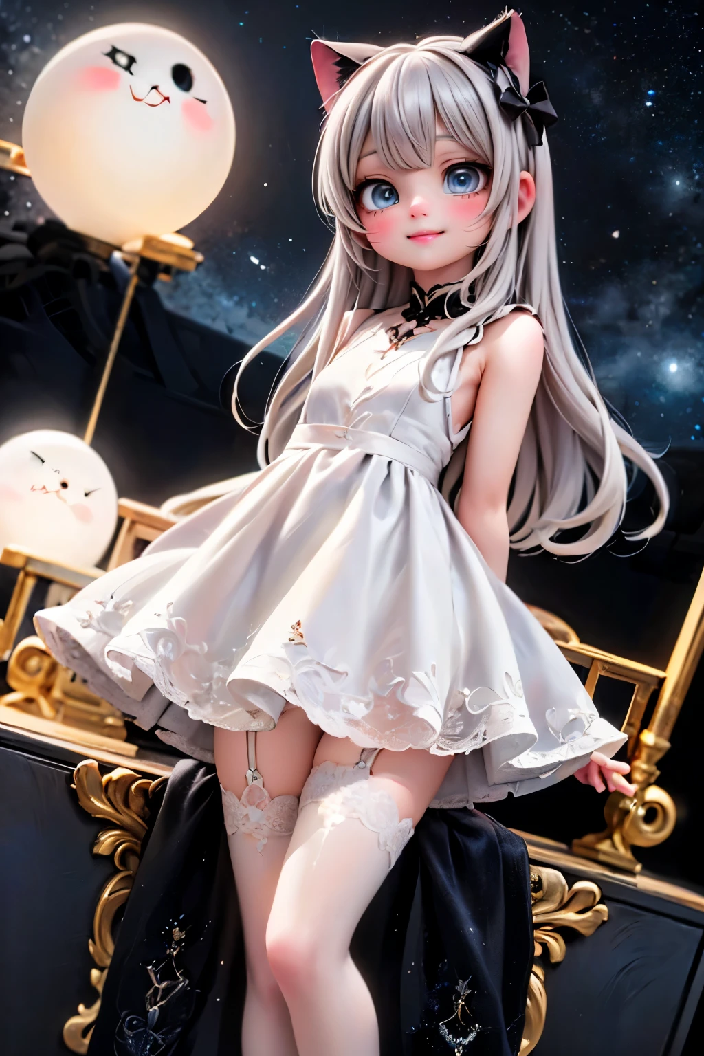 A very pretty and innocent 7-year-old girl, de cabello blanco rizado y un bonito vestido con volantes color azul, rodeada de grandes rosas blancas y rojas, bajo una noche con estrellas y una gran luna azul en lo alto.