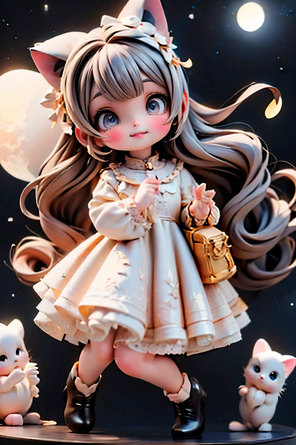 In a whimsical, dreamlike atmosphere, a ite, magical maiden with plump cheeks and bright blue eyes sits on a star-shaped moon lamp in the night sky. Her white hair is adorned with colorful hairbows, framing her face with intensity. Smoky eyes and rosy blush accentuate her features. She wears a flowing white and blue dress, paired with white hosiery and patent leather pumps that draw attention. The camera captures this surreal scene from a low angle, focusing on the footwear as if it's the only thing visible in the vast starry sky.