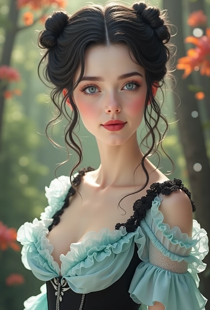 a victorian sweet teenage girl with black hair and emerald green eyes wearing a purple victorian dress pale and soft skin