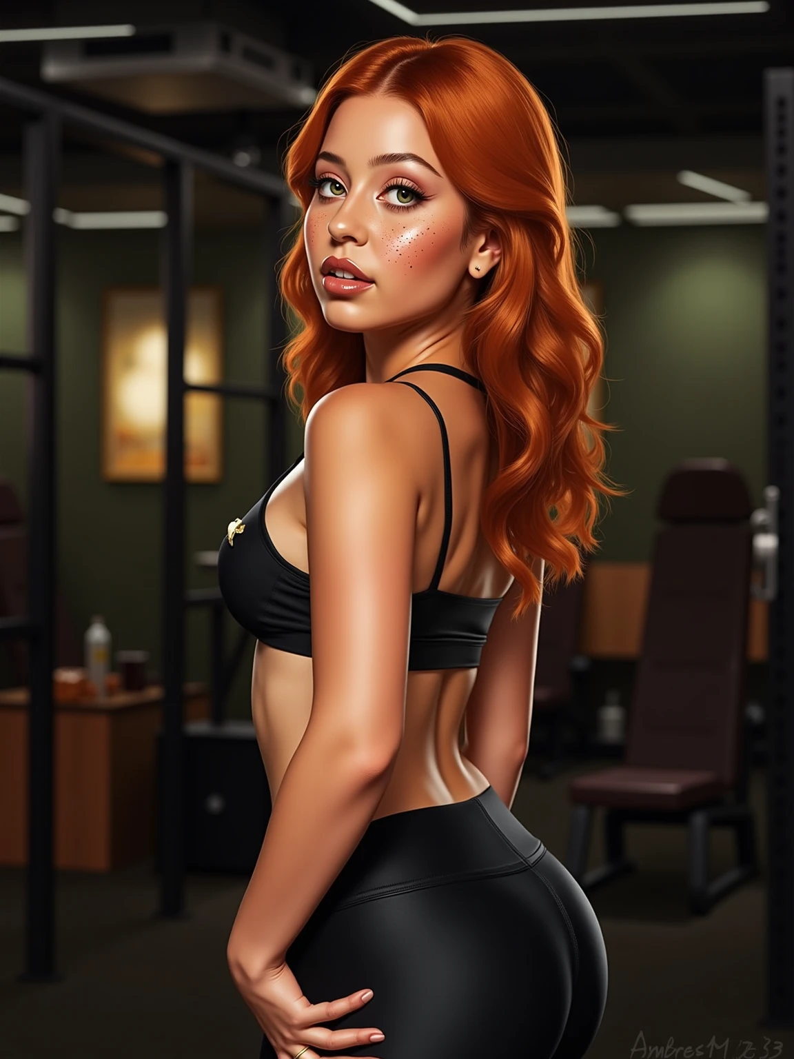 Redhead woman with freckles on her nose. Sexy woman in sporty sexy clothes. Big breasts, curvy medium shapes and bulging buttocks, not much fat on her belly. Several views from the front and back. She is wearing sneakers. Two long braids. Emerald green eyes. High resolution image. Realistic image, sporty ass on the right side of the floor-length mirror and neon pink ring in the background. -imagine - (((best quality))), nsfw -imagine - -imagine -