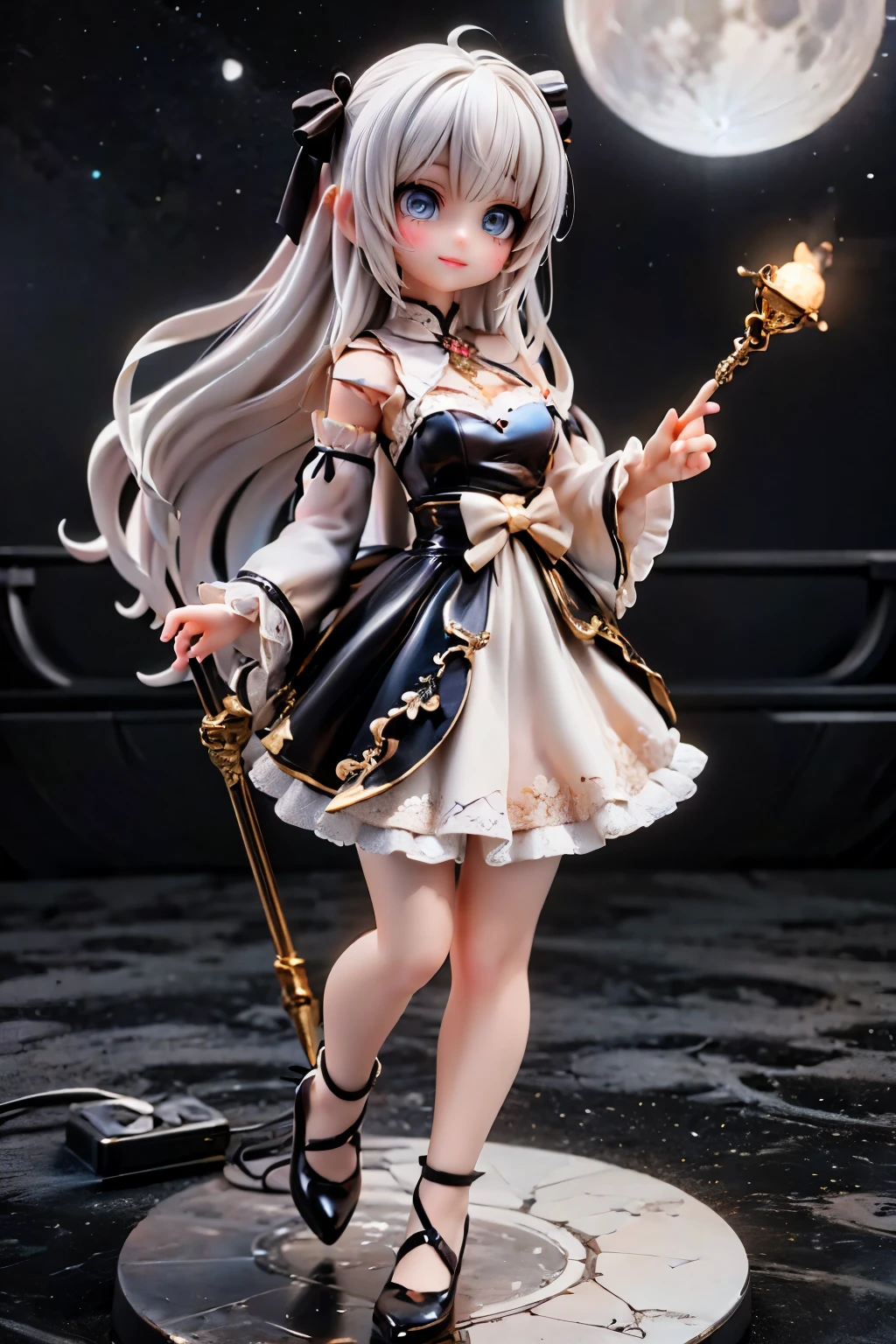 In a whimsical, dreamlike scenario, a ite, plump maiden with a mop of white hair adorned with colorful hairbows sits majestically on a star, illuminating the moon-shaped lamp above her. Her bright blue eyes sparkle, and intense smoky eyes makeup accentuates her features. A flush of pink hues her cheeks. She wears a flowing white and blue dress, white hosiery, and patent leather pumps that shine like stars. The surrealistic scene is set against a starry night sky, captured from a low angle looking up at the enchanting maiden, with a focus on her footwear, as if the viewer is gazing up at her from below, surrounded by an aura of magic and fantasy.