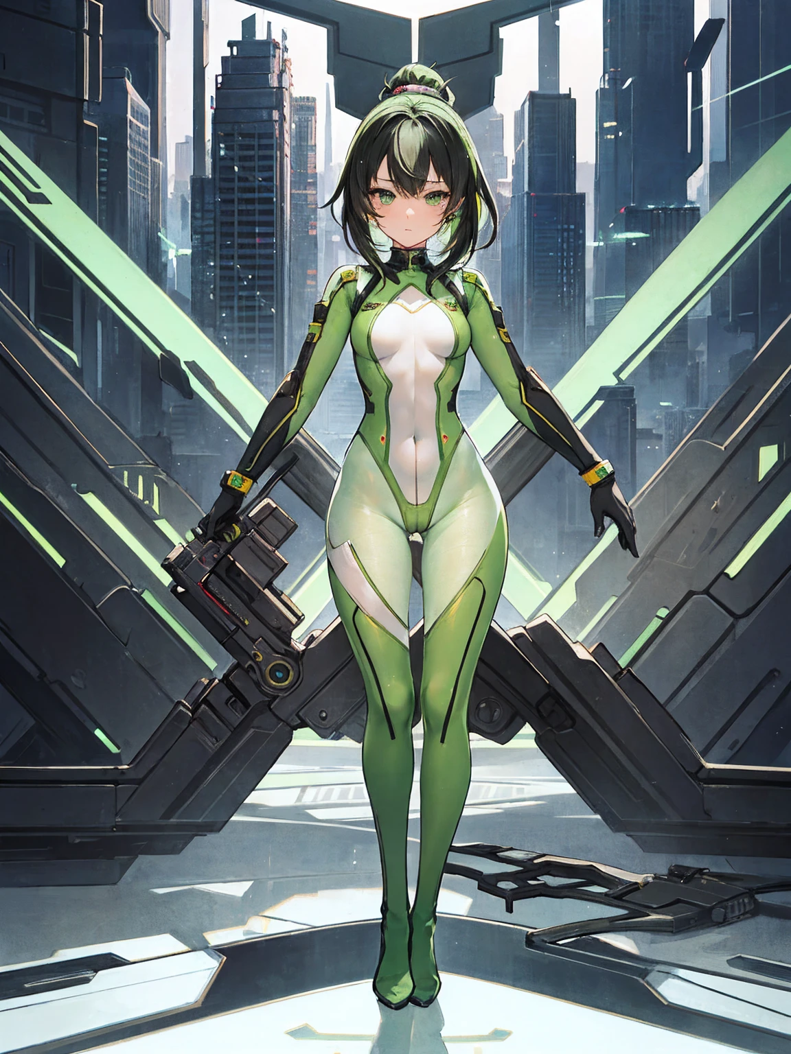 Black hair, green eyes, large breasts, tight neon-green sci-fi bodysuit, standing at attention