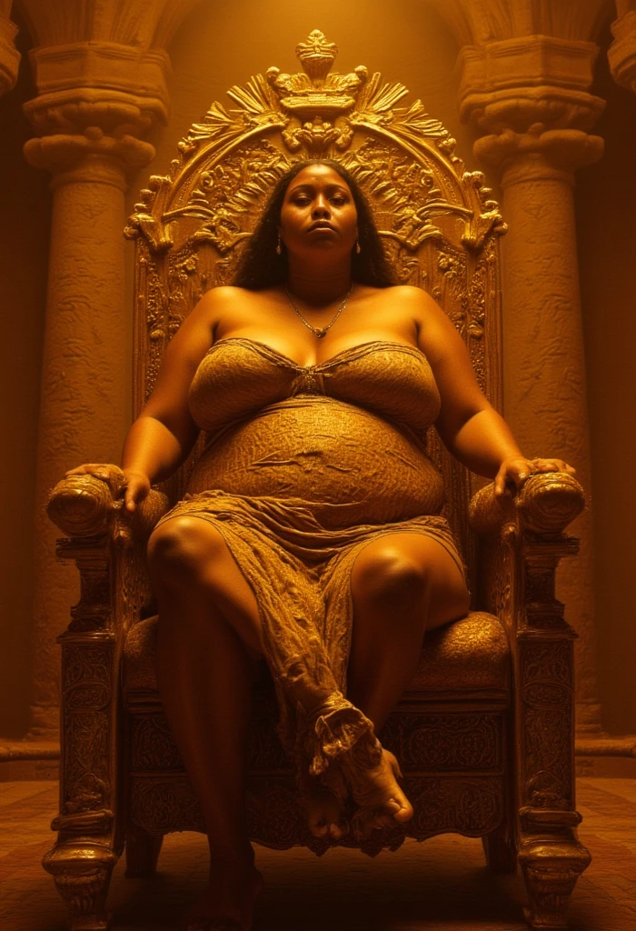Female Aboriginal Warrior. obese woman. gorda. new. elderly. old woman. 1. longye hair, Armor activated, wristbands, temple, whole body, aboriginal crown, sexy tied hair, wearing jewelry, Curvy Body, beautiful  face, diamond shaped bones, nice nose, defined features on the face, apsara jewelry in, gold leaf jewelry, fighting in war. without bra. sitting on a golden throne. little open legs. naked. breasts small. Sagging and saggy breasts. Greasy body.