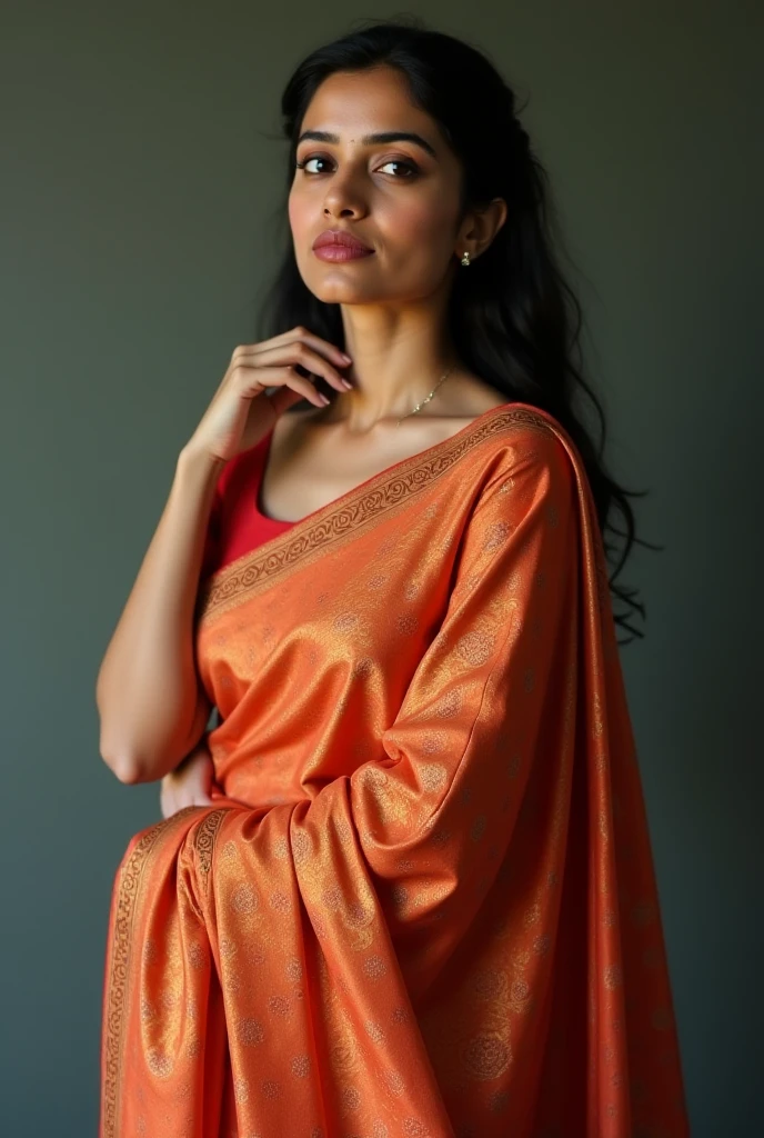 Vertical portrait of a stunning Indian woman in her 30s, dressed in a sun-kissed multicolor saree, exuding confidence and determination. Her Trendsetter wolf-cut brown hair falls softly around her face, framing her striking features. Anne Hathaway-esque charm radiates from her soft smile and full lips, which seem to hint at a thousand secrets. Her black eyes gleam with intensity, as if plotting the next big move in the corporate world - she's a CEO, after all. The sleek, modern composition is set against a smooth, colorized background, emphasizing her sharp jawline and chiseled features. Every detail, from the subtle highlights on her hair to the delicate folds of her saree, is rendered with hyper-realistic precision, making this digital art piece truly breathtaking.