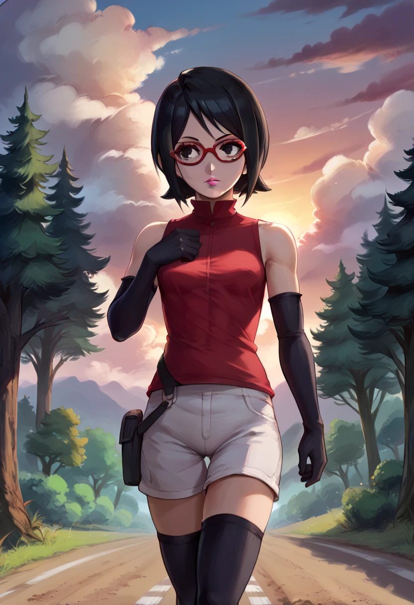 (score_9, score_8_up), score_7_up, zPDXL, Sarada Uchiha, solo, 1girl, black hair, short hair, red-framed eyewear, glasses, black eyes, red dress, sleeveless, elbow gloves, black gloves, fingerless gloves, white shorts, black thighhighs, thigh holster, toeless sandals, smile, looking at viewer, blushing, forehead protector, konohagakure symbol, sunny, forest, sitting on rock, <lora:Sarada_Uchiha_XL_Pony_V2:1>, <lora:Orenji:1> orenji