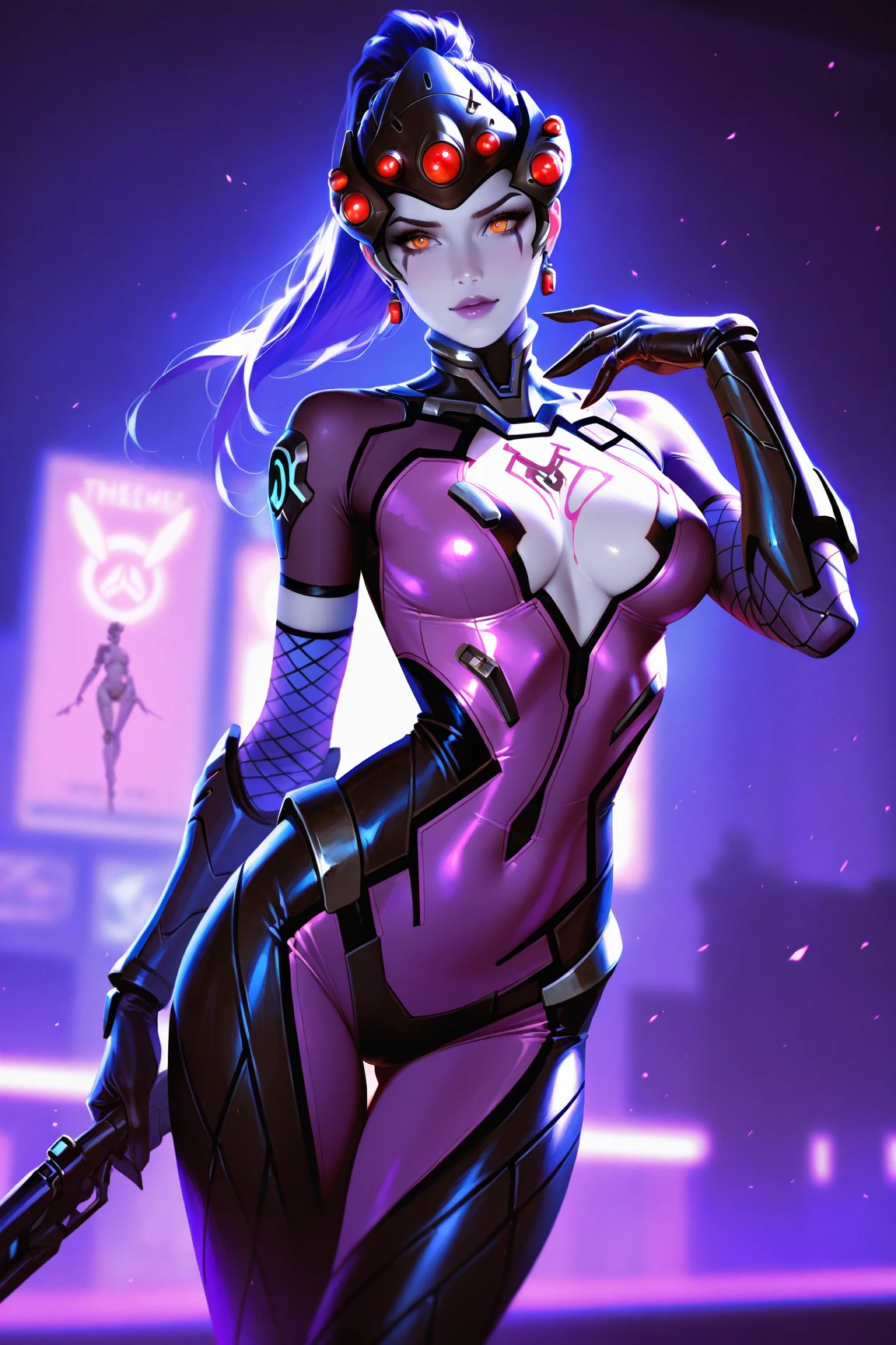 tmasterpiece,best qualtiy,8K,k hd,1girll,Human maiden,widowmaker(Overwatch),ar old,ng,Chu Chu pitiful,(High ponytail), gigantic cleavage breasts:1.3,Eyes sparkle,(glowing light eyes:1.233),Tight combat suit,did not wear underwear,sniper gun,(beautiful and detailed eye:1.1),Blushlush,Beautiful cityscape,the night,Side view,(((cowboy lens)))