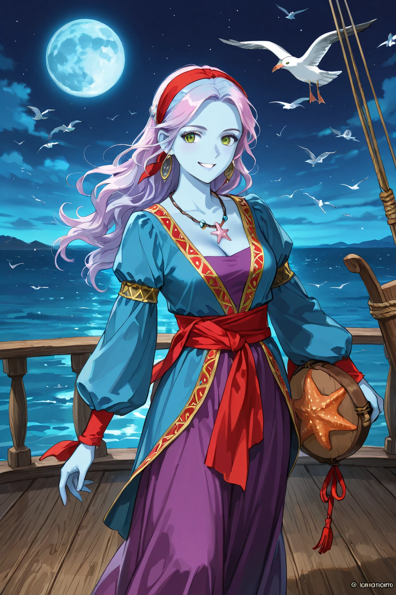 triton, solo, female, blue skin, lavender colored hair, green eyes, green eyes, red gypsy headband, (cream colored 18th century dress, gypsy style), beautiful body, starfish necklace, dazzling, graceful, smiling, holding a small tribal drum her right hand, standing on the deck of a wooden ship, night scene, full moon in sky, seagulls flying in background, dungeons and dragons, fantasy art, up,