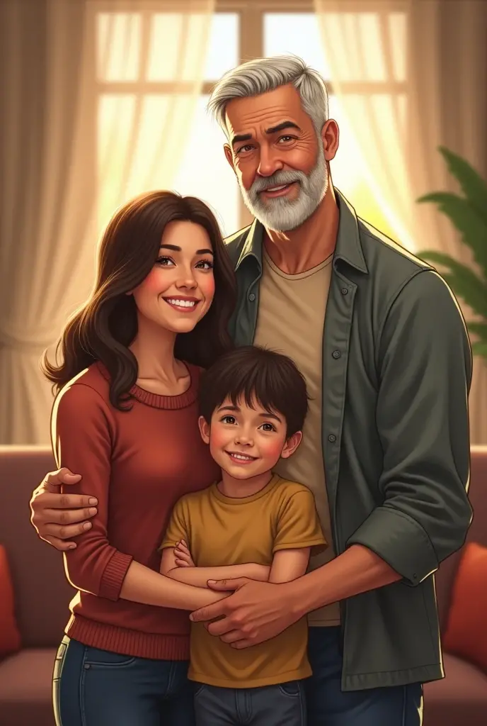 A picture of a family: mother, dad, son, is, grandfather.