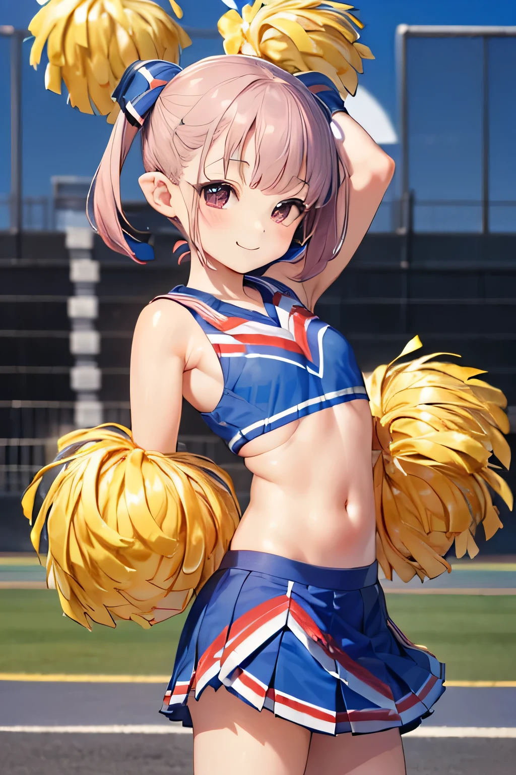 1 person, Japanese, , White skin, Mid-chest, , Take in the view, (Adorable smile:1.5),
Beautiful attention to detail, blue eyes, (Long Hair:1.4, bangs, Hair between the eyes, Twin tails:1.7), (belly button:1.1), Silver Hair,
Beautiful Hair, Beautiful clavicle, Beautiful underboobs, Beautiful thighs,
(Current cheerleader style:1.4), (Spread your legs, Kneel),
(Beautiful views), Daytime, (Stadium:1.5),
(8k, Highest quality, Masterpiece), Beautiful illustrations, Cowboy Shot, Cinema Lighting,