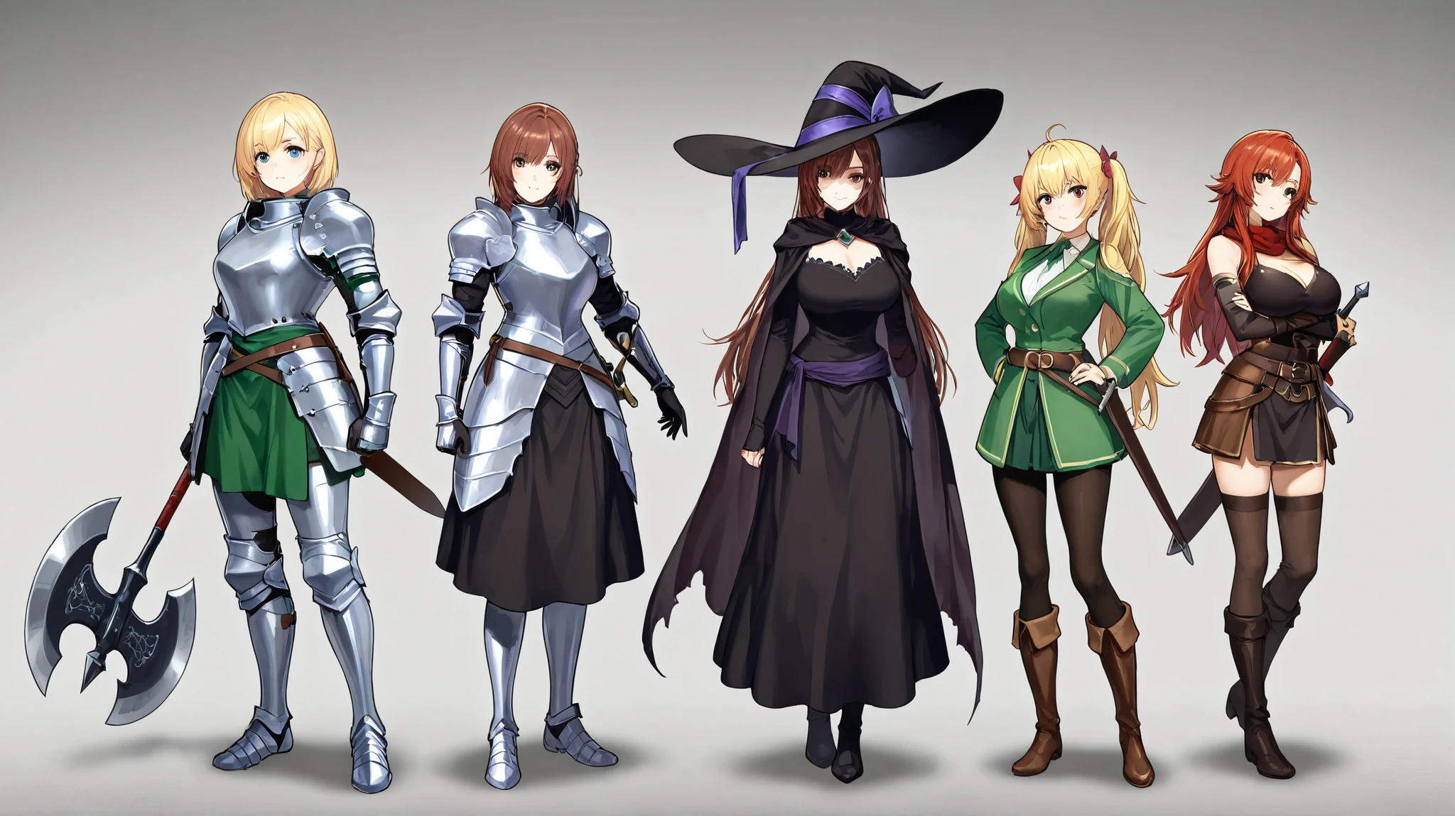 A horizontal lineup of five fantasy female characters in various armor styles, each showcasing unique traits. From left to right: an archer in green attire with a quiver; a sorceress in black with a large hat and a glowing book; a knight in shiny armor with a sword and shield; a warrior in plate armor with a sword and a shield; and a formidable female fighter in blue and silver armor wielding a large axe. The background features inside a dark creepy cave, full body, very far point of view.