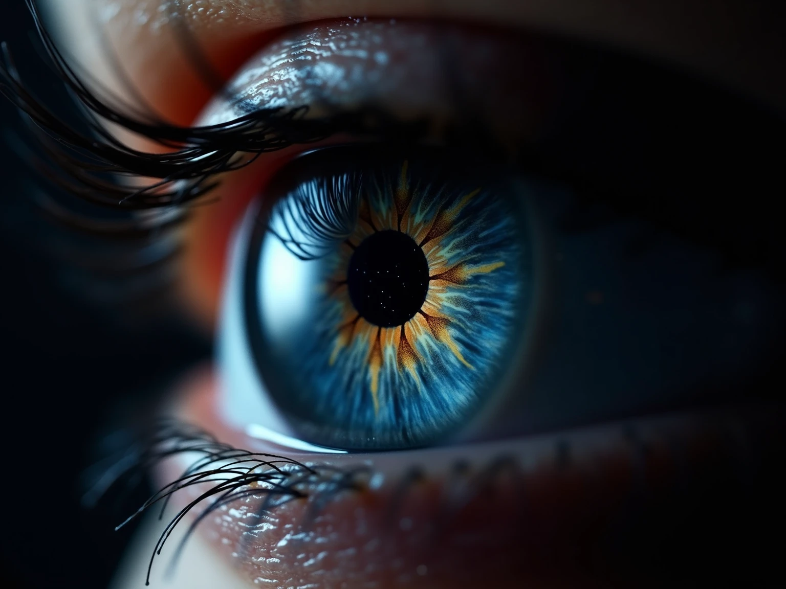 Extreme closeup of a human eyeball with upside image of a murderer in it