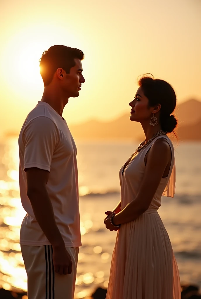 White pretty girl with black hair height 5'3 representing the life in white dress and black sri lanken boy height 5'6 with black straight hair with gote and moustache wearing black suit representing the death talking in the beach in the sunset, boy is black Indian boy they are lovers boy isn't way handsome but attractive Indian girl is sitting on rock, boy is wearing black suit he is the death