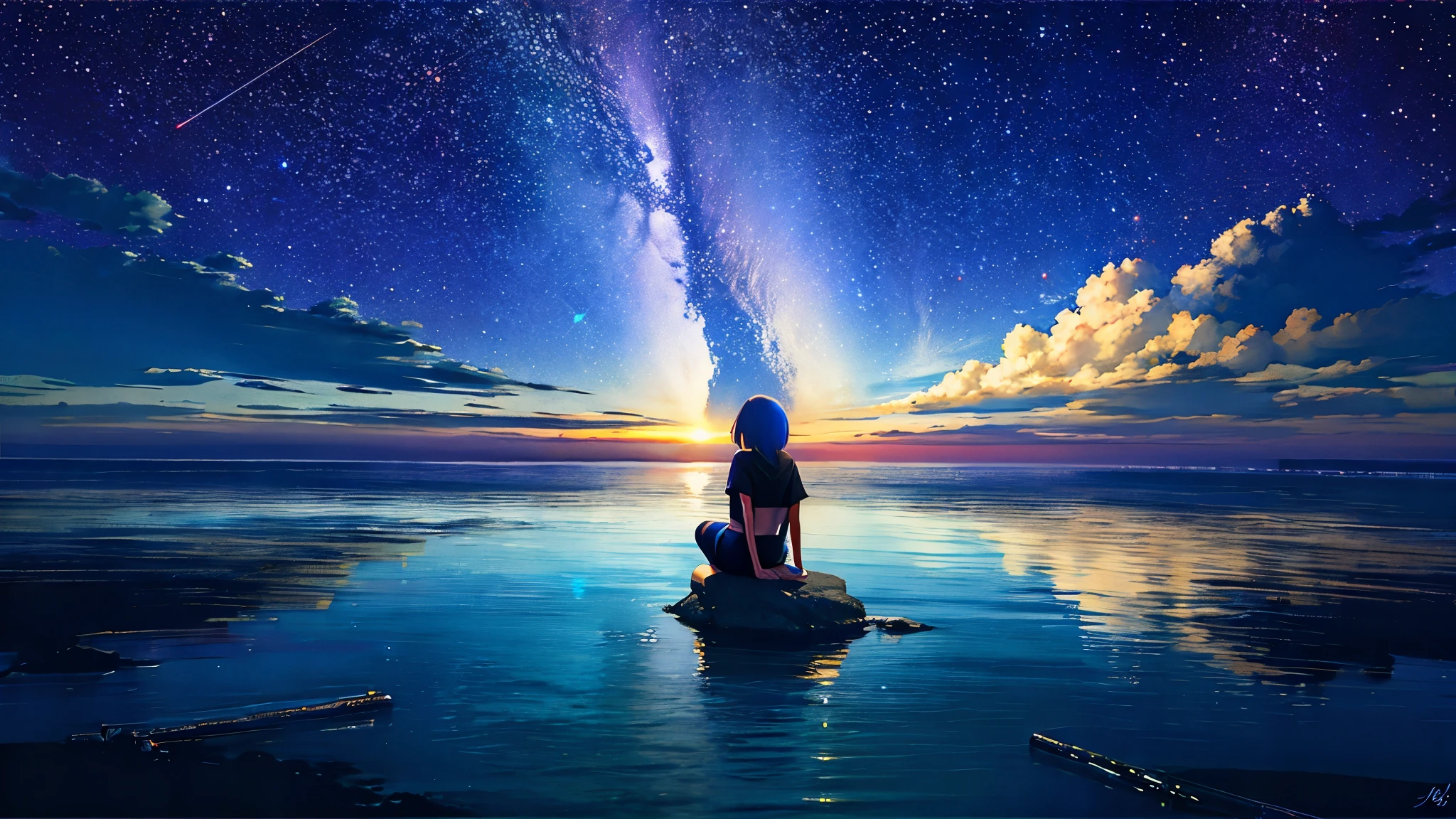 超high image quality, high image quality, high quality ,壮観なscenery,octans, null, 満天の星null, scenery, 星null, night , 1 girl, night null, shooting star, the Milky Way galaxy covers the entire sky, 海に夜nullが映っている,is sitting, tree, long hair, silhouette , A lot of plankton is shining blue in the sea at night ,the ocean is shining blue,nocturnal bugs are shining blue,speaking of sea fireflies,, beautiful sandy beach,