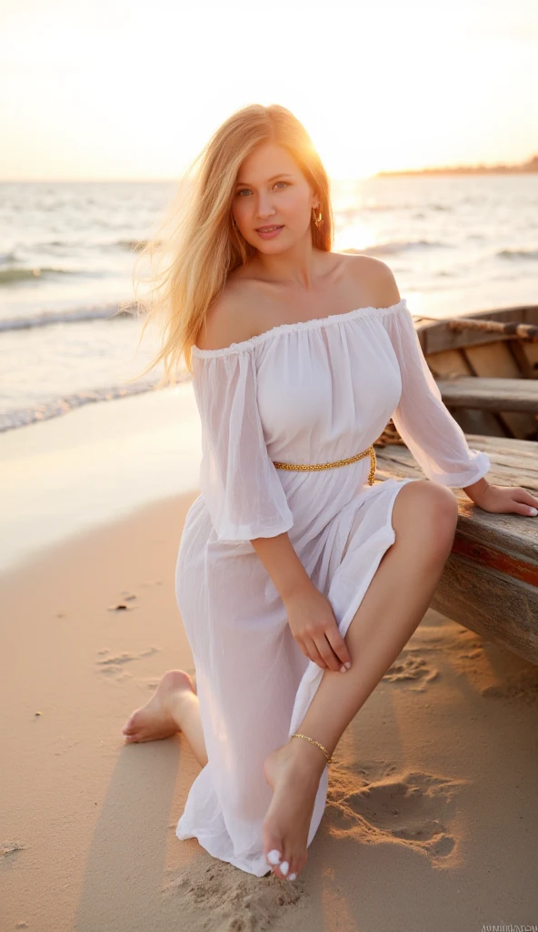 ((Best quality, 8 thousand, masterpiece: 1.3)), (21 year old woman), ((Very small face:1.3)), (Radiance of the skin:1.4), (huge boobs with cleavage:1.4), Highly detailed face and skin texture, detailed eyes, (wavy blonde hair:1.5), Soft portrait 8K, young sensual graceful, clothes with an open V-neck on the chest, Young sensual woman, Looking forward seductively, (The finest long silk dress:1.5), Torn abs, beautiful body, Beautiful basin, beautiful hips, Wooden pier, leading to the beach with sunset in the background, во Sunset Time, with a bright sky, Near the pier, Colourful sunset, At sunrise, On the eve of sunset, bright sunrise, beautiful sunrise, Warm and beautiful scene, bright sunset, Sunset Time, With sunset, End of the day, The atmosphere of the sunset, at a beautiful sunset, beautiful sunset, the most beautiful sunset,