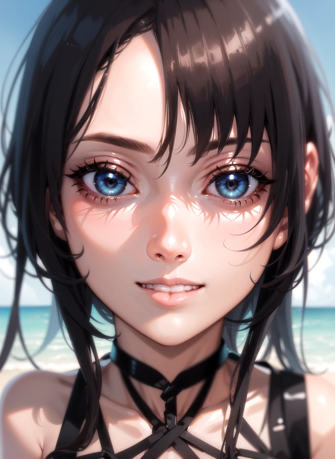 (Masterpiece, BestQuality:1.3), (ultra detailed:1.2), (hyperrealistic:1.3), (RAW photo:1.2), High detail RAW color photo, professional photograph, (Photorealistic:1.4), (realistic:1.4), professional lighting, perfect anatomy, (Big Breasts:1.2), (blush, detailed face), (cheerful Smile:1.5), (Blue Hair:1.5), Trending Hair&Trending Hairカラーをランダムに, earrings, necklace, bracelet, sexly, erotic sexly, Random sexy gravure poses, (A beautiful woman with long blonde hair wearing a white thong bikini、Laughing on the beach。On all fours。She is smiling happily。:1.3)