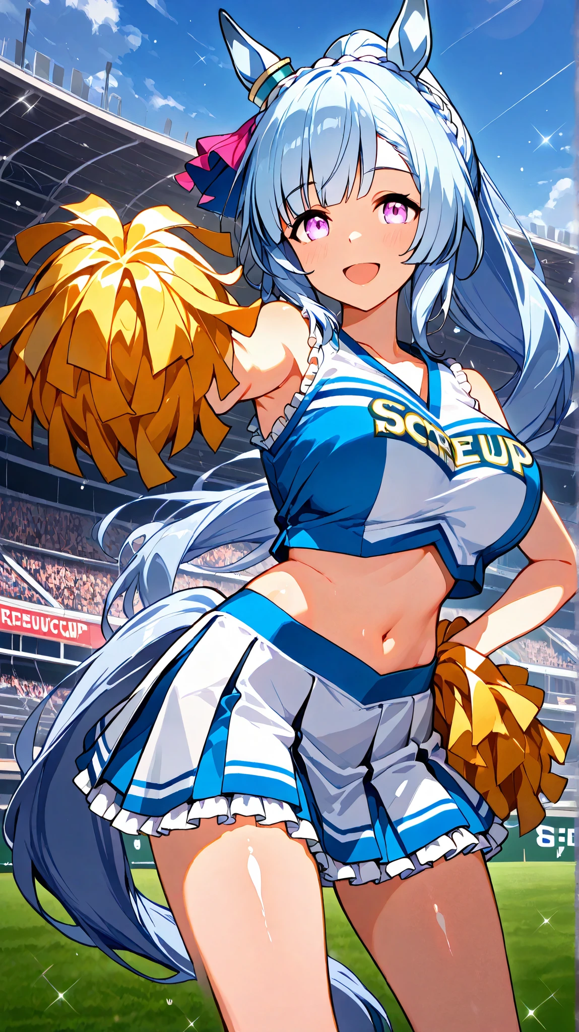 (solo:1.3), (1 skinny cheerleader rooting for viewer:1.2), (violently bouncing large breasts:1.2), cleavage, (dancing violently:1.2), shaking chest, open legs, BREAK, (short cheer uniform), sleeveless, bared stomach, (flapping too short skirt), show off thigh gap, long skinny legs, bared legs, skinny too narrow waist, very short torso, BREAK, nsfw, orgasm, heavy breathing, pussy juice, (coverd erectile nipples), (forced smile but feeling fear)