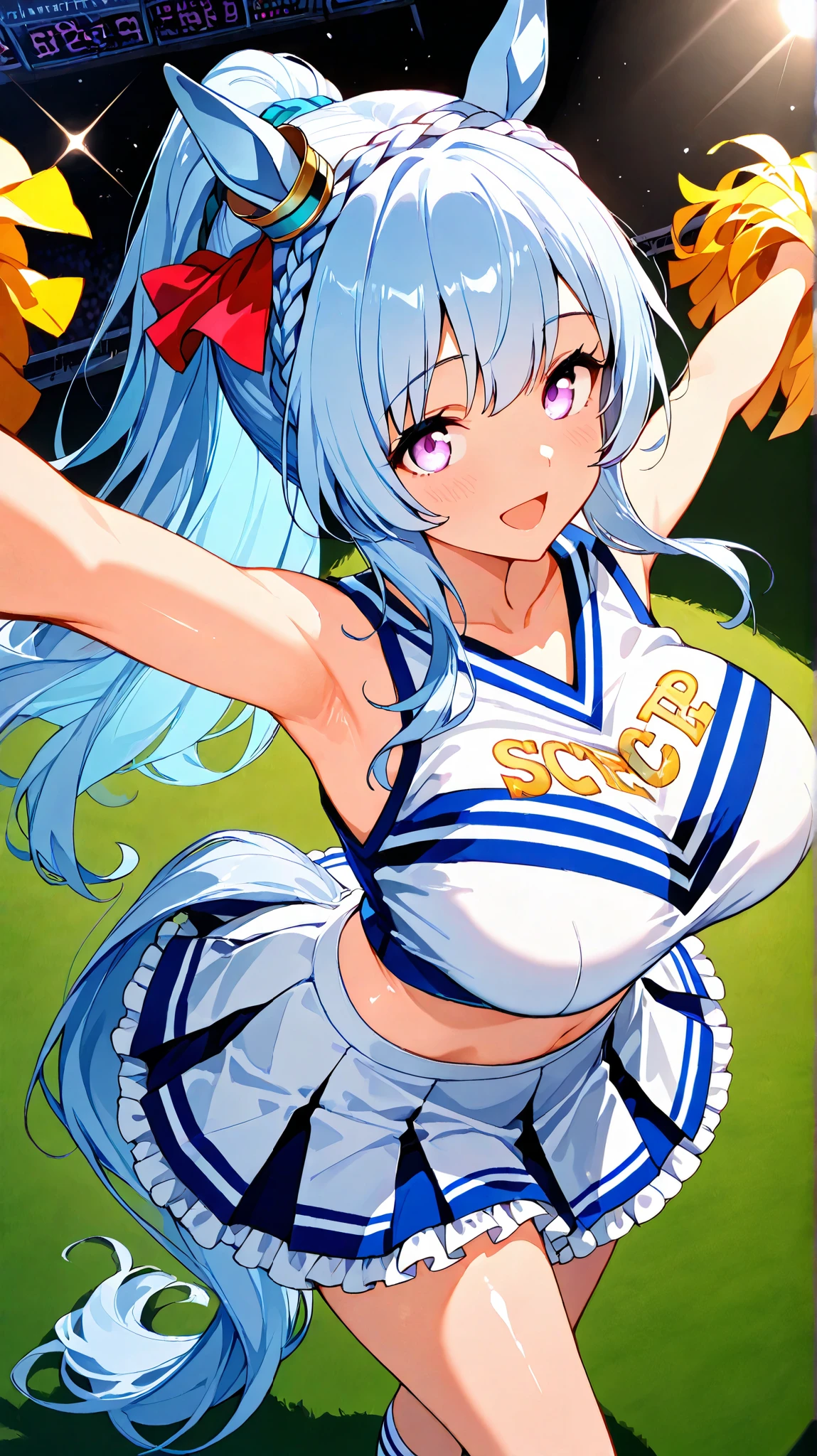 score_9, score_8_up, score_7_up, source_anime, Masterpiece, top quality, メジロアルダン \(ウマ娘\), 1 girl, solo, light blue hair, long hair, ponytail, light purple eyes, Horse ears, so beautiful , Cute Girl, Very pretty, Beautiful girls, big breasts, Horse tail, cheerful :d, Standing, looking at viewer, beautiful Face and skin, shiny skin, Very smooth and beautiful hair, detaild eyes, BREAK crown braid, horse ears, ear ornament, frills, from above, spotlight, high saturation, light sparkles, spread arms, hud_ch_ldr, cheerleader, blue and white crop top, blue and white pleated skirt, blue pom pom \(cheerleading\), Racecourse, In front of the spectator stands, Fan service to the audience on the lawn