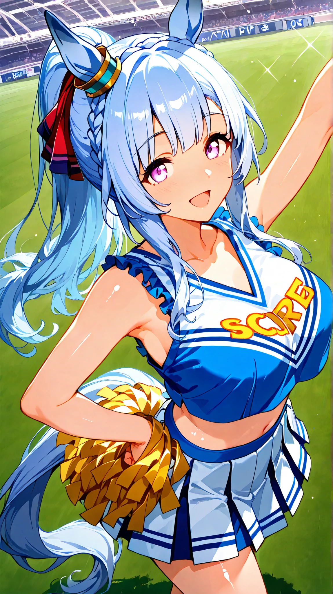 score_9, score_8_up, score_7_up, source_anime, Masterpiece, top quality, メジロアルダン \(ウマ娘\), 1 girl, solo, light blue hair, long hair, ponytail, light purple eyes, Horse ears, so beautiful , Cute Girl, Very pretty, Beautiful girls, big breasts, Horse tail, cheerful :d, Standing, looking at viewer, beautiful Face and skin, shiny skin, Very smooth and beautiful hair, detaild eyes, BREAK crown braid, horse ears, ear ornament, frills, from above, hand on hip, one arm up, high saturation, light sparkles, spread arms, hud_ch_ldr, cheerleader, blue and white crop top, blue and white pleated skirt, blue pom pom \(cheerleading\), Racecourse, In front of the spectator stands, Fan service to the audience on the lawn