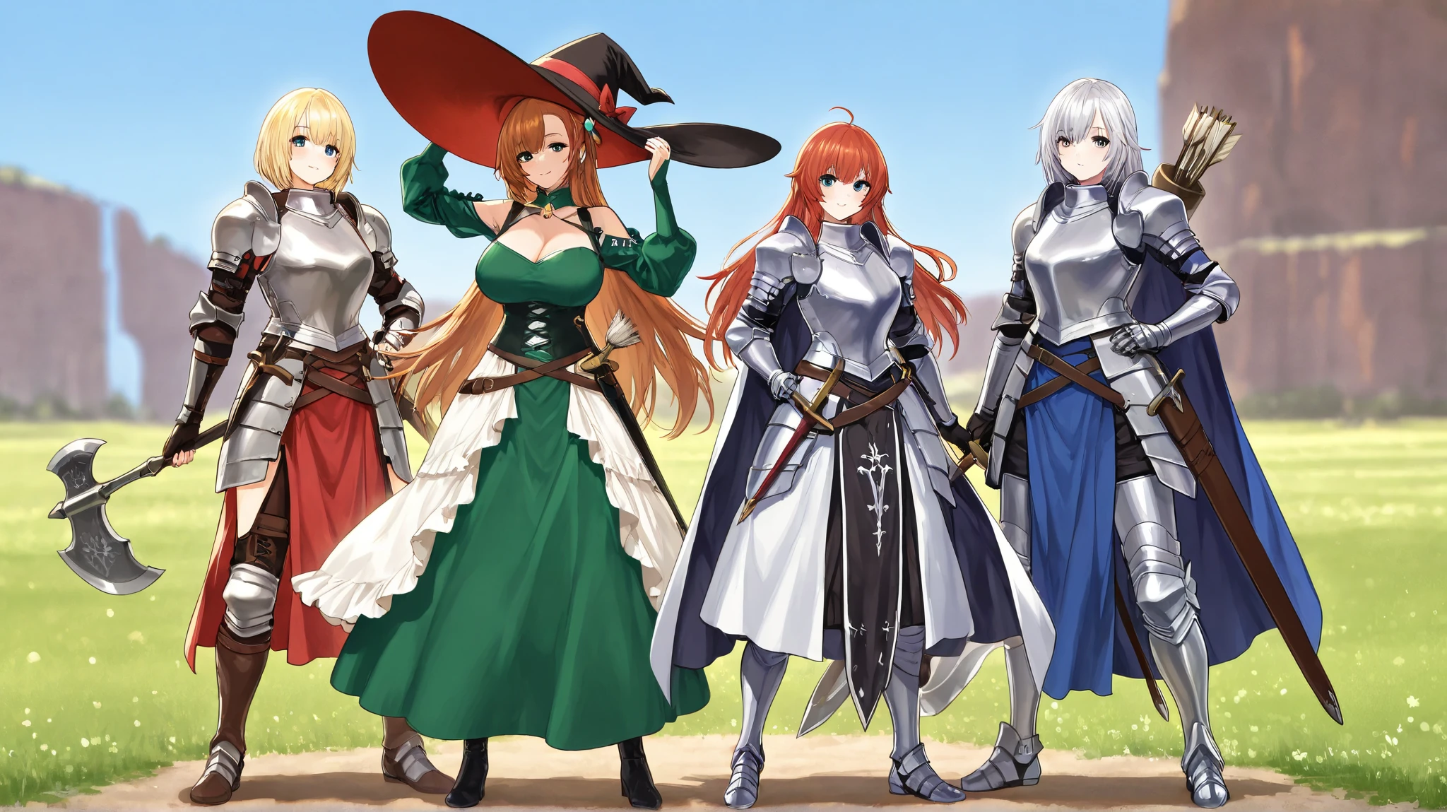A horizontal lineup of five fantasy female characters in various armor styles, each showcasing unique traits. From left to right: an archer in green attire with a quiver; a sorceress in black with a large hat and a glowing book; a knight in shiny armor with a sword and shield; a warrior in plate armor with a sword and a shield; and a formidable female fighter in blue and silver armor wielding a large axe. The background features wide meadow, blue sky, full body, very far point of view.