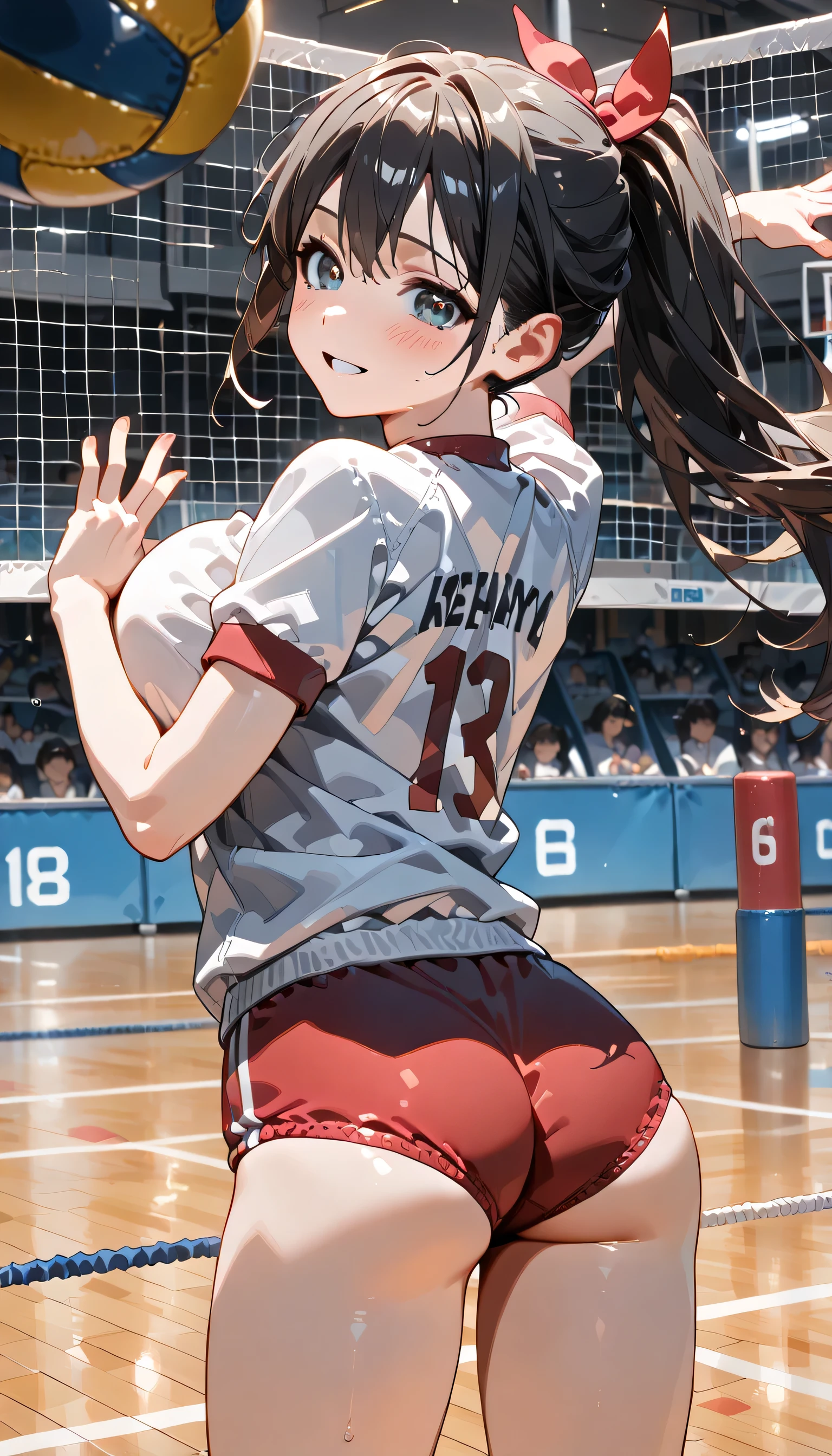((ultra-detailed)), (highly detailed CG illustration), (best quality:1.2), ultra-highly detailed, colorful composition, artistic photoshoot, 1girl, solo focus, ((thigh to top:1.4)), ((cowboy shot:1.4)), moe anime character, girl, dainty facial structure, (bab(round face), ((rounded chin:1.2)), ((ideal ratio body proportions)), celia-default, celia claire, (blue eyes), sparkle eyes, black hair color, ponytail, (hair ribbon with red), ample breasts, (red school gym buruma), ((smile)), ((blush:1.4)), Volleyball spikes, balls, jumps, volleyball (object), volleyball, volleyball net, raise your arms, look up, ((from behind:1.4)), dynamic pose, contrapposto pose, best quality, expecting, pink cheek, blush, light pink gloss slip, portrait, depth of field, soft lighting, sidelighting, (shine), lighting, caustics, ray tracing, perfect face, lustrous skin, highly detailed face, highly detailed eyes, perfect face, perfect nose, perfect hair, perfect eyes, perfect anatomy, beautiful hair, beautiful small face, extremely detailed face, beautiful detailed eyes, beautiful clavicle, beautiful body, beautiful huge breasts, leavage, breasts squeezed together, equalize the size of the left and right breasts, beautiful thin thighs, beautiful legs, beautiful fingers, ((4 fingers)), 1 thumb, lovely, (very detailed background:1.0), (highly detailed background:1.0), summer aesthetic, intricate details, shy atmosphere, summer colors palette, chromatic aberration