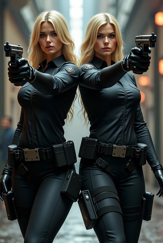 

"Create an ultra-realistic image of two sexy women dressed in outfits inspired by the Men in Black movie. One woman should be blonde with fair skin, and the other should be a black woman with a rich, deep skin tone. Both women should have stunning, hourglass figures.

Their outfits should be modern, seductive takes on the classic Men in Black suits: tight, form-fitting black blazers that accentuate their curves, with white button-up shirts underneath, left slightly open at the top to add a touch of allure. They should be wearing black ties that hang loosely around their necks. Both should have matching tight black pants or skirts that hug their hips and showcase their legs. They should be equipped with futuristic, space-themed pistols.

The blonde woman should be holding a neuralyzer, a device used to erase memories, in one hand. The black woman should be holding a phallic-shaped, metallic object with a glowing light at the tip, adding a futuristic and suggestive element to the scene. Both women should be wearing black sunglasses, standing back-to-back, exuding confidence and readiness for action.

The setting should be a futuristic, high-tech environment with elements like holographic displays, sleek metallic surfaces, and advanced technology around them. Include an alien creature resembling a giant cockroach in the scene to add a sense of action and urgency. Ensure their poses and expressions exude confidence and sexiness.

Focus on capturing the details of their outfits, their voluptuous figures, and the dynamic, high-tech environment with the alien creature. The image should be photorealistic, emphasizing every intricate detail."
