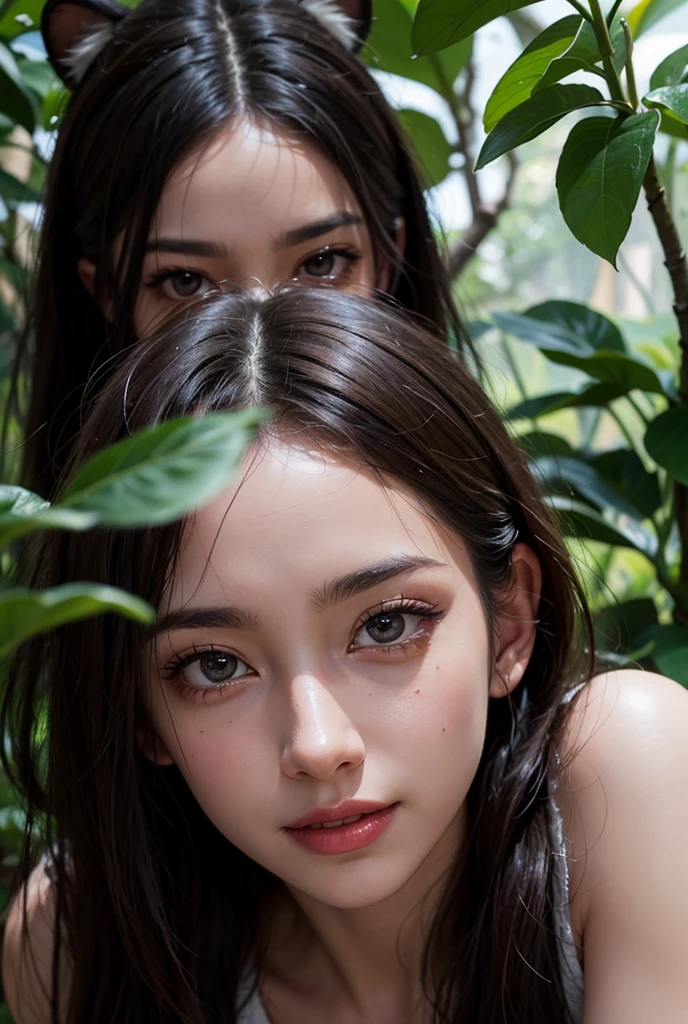 (8K), (Best Quality: 1.2), (Realistic), (Photorealistic: 1.37), Ultra Detailed, (Kissing), One Girl, Cute, Smile, Long Hair, Green Plants, Beautiful Eyes in Detail, Beautiful Nose, Full Body, Big, Darcefo, Pig's Nest, Women, White Hair