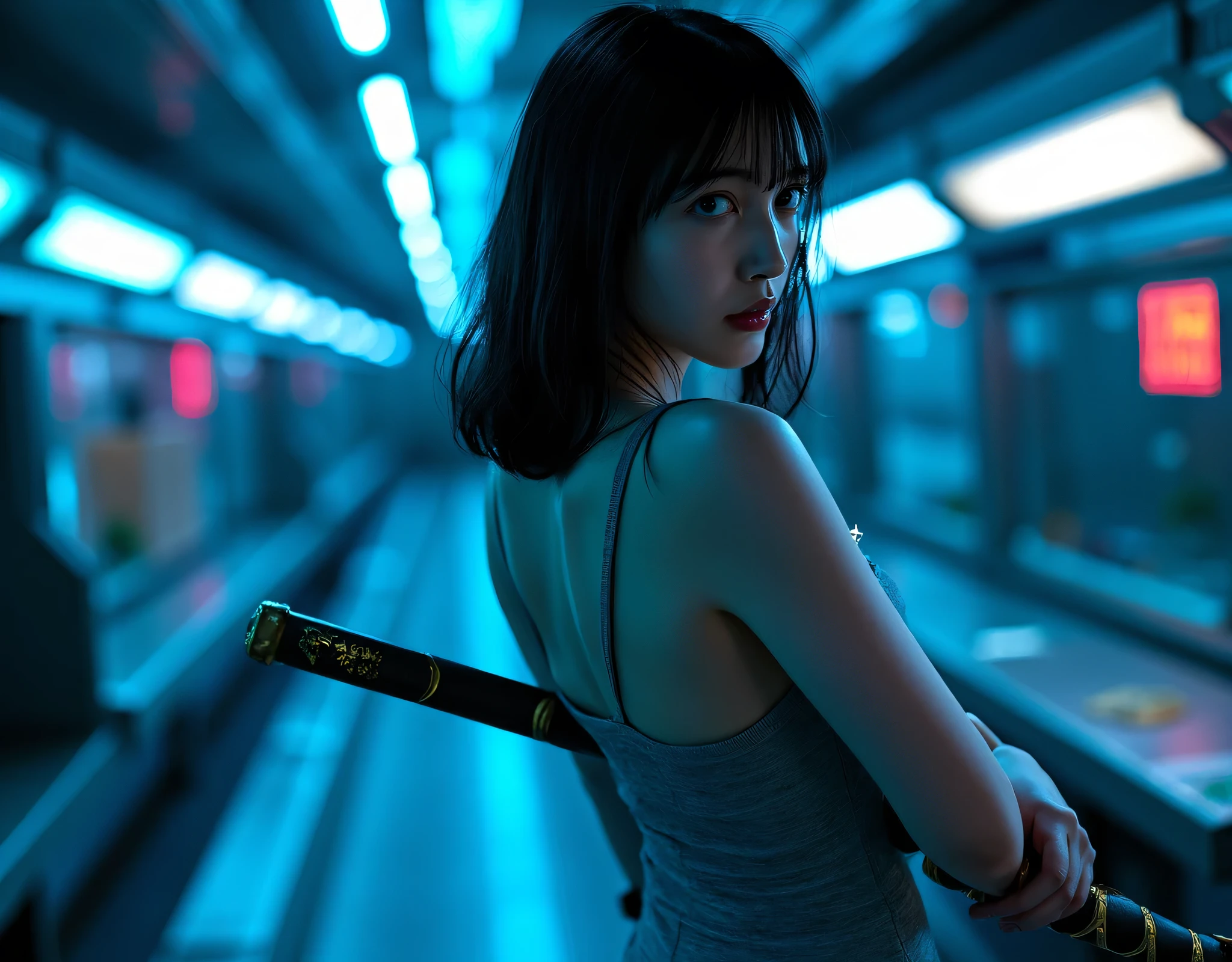 。.3D, A beautiful cyberpunk female image,nffsw（HighDynamicRange）,Ray traching,NVIDIA RTX,Hyper-Resolution,Unreal 5,Subsurface scattering、PBR Texture、post processed、Anisotropy Filtering、depth of fields、maximum definition and sharpness、multi-layer texture、Albedo e mapas Speculares、Surface Coloring、Accurate simulation octane rendering of light-material interactions、Two-colored light、Large aperture、Low ISO、White Balance、The Rule of Thirds、8K raw data、blackstockings