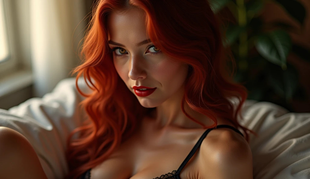 horny face, bravo, dominant, eyebrow raised, Serious, bdsm, mafia, modern, Stupid, lace bra, long neckline, red lipstick, Slavery, tsunade face, sexy look, seductive ((Best Quality, 8k, first work: 1.3)), sharp focus: 1.2 、 (Layer cutting, big: 1.2), perfect body, perfect fingers, Wide hips, Beautiful woman with perfect figure: 1.4 、 slim abs: 1.2、20 year old woman, Sculptural body: 1.5、very detailed texture of the face and skin, long shoulders, Madurese way, pechos muy bigs, big , Detailed amber eyes、double eyelid, long Red hair up to the waist, loose and full hair, wavy hair at the ends. dark background, golden filter. Lady in red lying on bed, open legs, studio lighting, Red hair