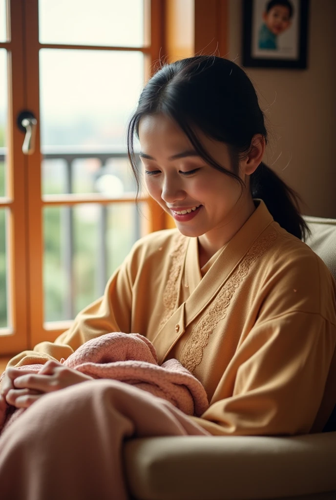 {{master part, best quality, CG extremamente detalhado, Unity 8k papel de parede, Cinematic lighting}}, pintura a tinta tradicional chinesa, 1girl, 1Baby, Young woman holding a baby, corpo inteiro, arquitetura antiga, blue skies, dia ensolarado, arquitetura de madeira, protagonista proeminente, sorrir, olhos grandes, belos olhos detalhados, (seios grandes, clivagem), Bunda redonda, looking up at the audience, long eyelashes,