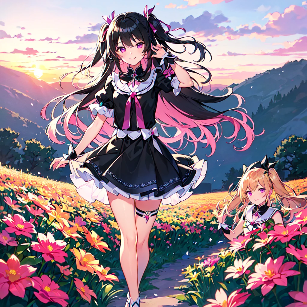 masterpiece, best quality, high quality, extremely detailed, very delicate and beautiful, (1 female 18 years old solo:1.5), (long black hair up to waist with two side up:1.5), bangs to eyebrows, eyes (eyes sharp, strong, glossy, glossy eyebrows, (eye color magenta:1.3), 6.5 head height, (plumeria flower print summer fashion:1.3), knee socks, lace, ruffles, (smiling), (running:1.3), (smiling), (dynamic pose), (background plumeria flower field:1.3), (sunset:1.3)
