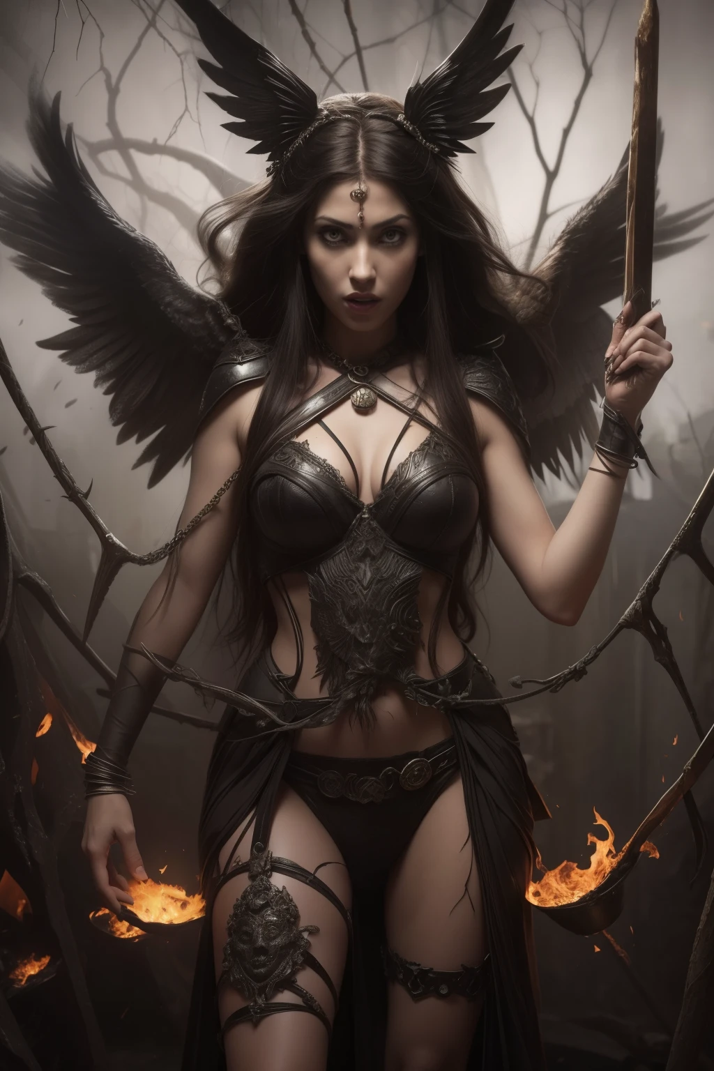 Erinyes are, in Greek religion and mythology, the female personifications of revenge especially against those who strike their family and relatives. In Roman mythology they were called Furies. They were represented as female divinities, black, with their mouths wide open in the act of letting out terrible screams, with snakes instead of hair, carrying torches or whips or burning coals and brands in their hands that they used to torture the unfortunate.