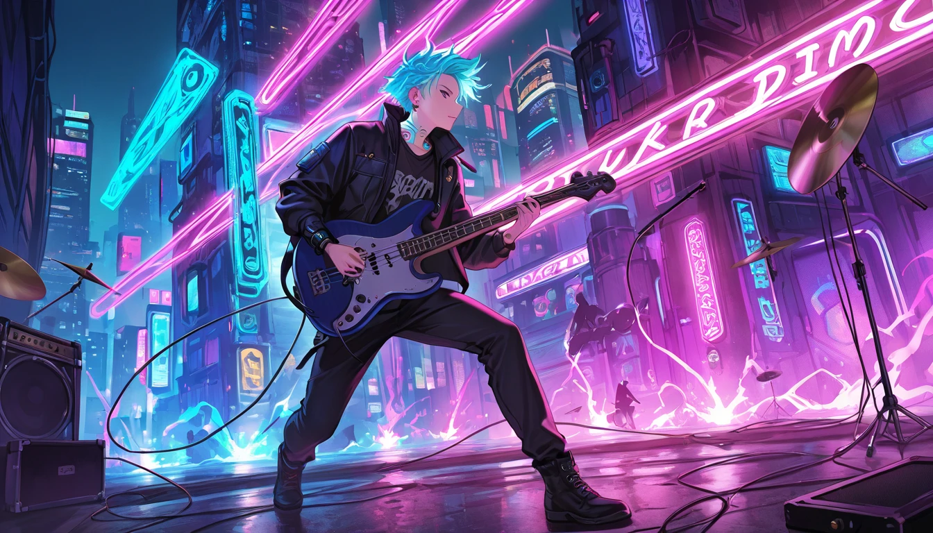 An electrifying cyberpunk scene embodying the power of drum and bass music, with dynamic, vivid colors and intricate neon lights. The image features mystical elements, demons with fierce expressions, and an overwhelming aura of aggression and fury. The background is a futuristic urban landscape, pulsating with vibrant energy and abstract sound waves, reflecting the raw intensity and rhythm of drum and bass. Hyper-detailed, cinematic, surreal and mesmerizing, 1 girl
