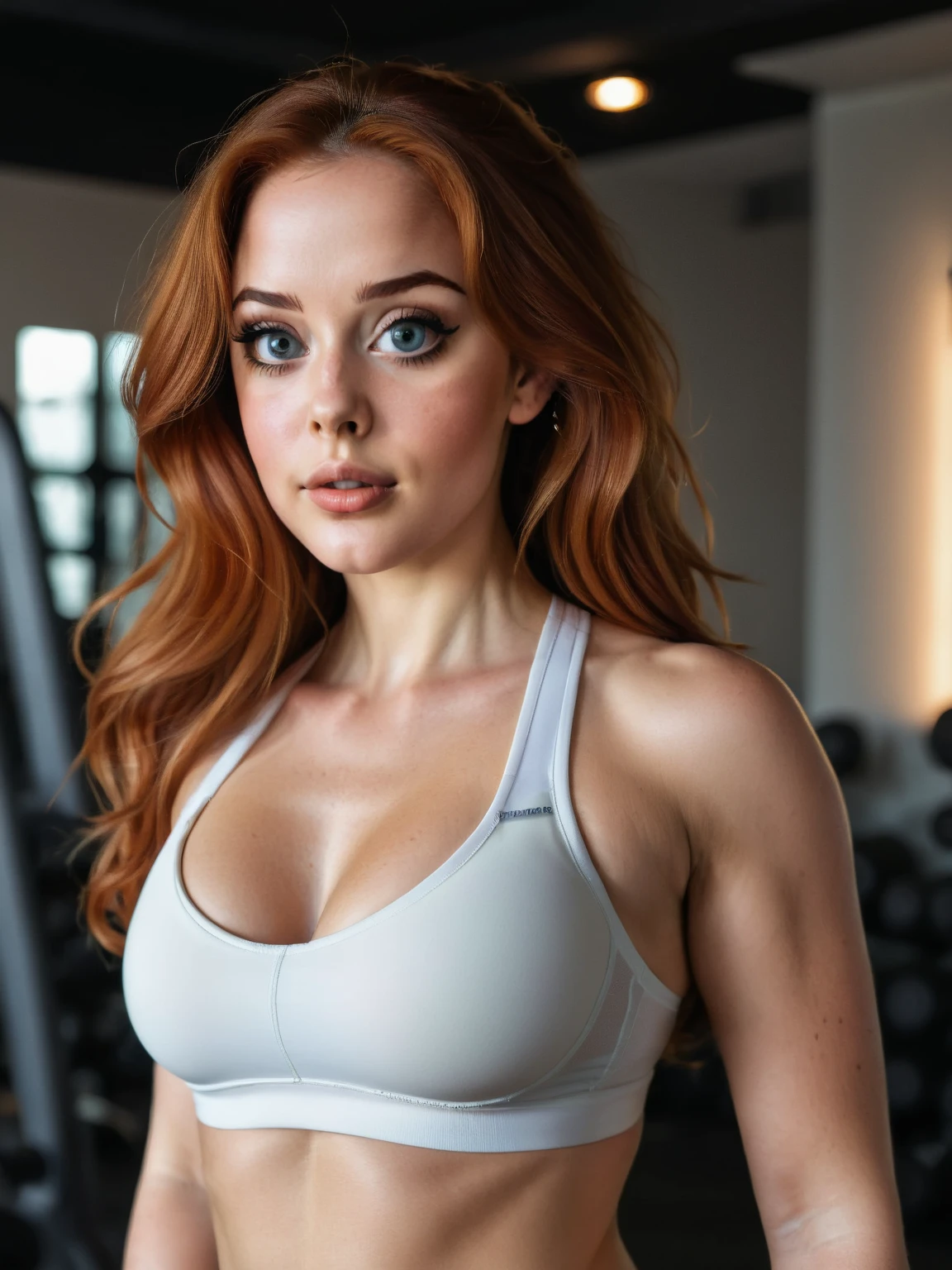 1girl in, age19, Solo, Aesthetic artwork, irish, wavy ginger hair, shoulder length hair, gray eyes, light grey eyes, pale skin, D-cup, large breasts, runners body, (textured skin, skin pores:1.1), goosebumps, taking a close-up selfie photo while at the gym wearing a wet training bra, see-through training bra, ((nipples poking through)), nipples visible through training bra, seductive, sexy photo, long legs, small nipples, (extremely detailed 8k wallpaper), soft lighting, high quality, film grain, Fujifilm XT3 sharp focus, f 5.6, 50 mm, High Detail, Sharp focus,(natural light), crazy details, complex details, hyper-detailed, close-up, hands hidden