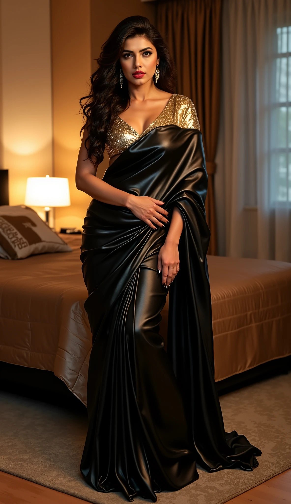 Full body photo of PriyankaChopraFlux wearing black shiny leather saree and high pump heels and golden leather Blouse, giving strict mistress pose inside modern bedroom of high rise apartment, seductive behaviour looking at camera with evil horny expression, lots of heavy makeup, black kajal, eyes shadow, juicy red lipstick, highly detailed, hyper realistic, dramatic lighting, photorealistic, masterpiece, 8k, vibrant colors, visually stunning, beautiful, captivating, elegant, sensual, full body shot , fancy hairs, big breasts
