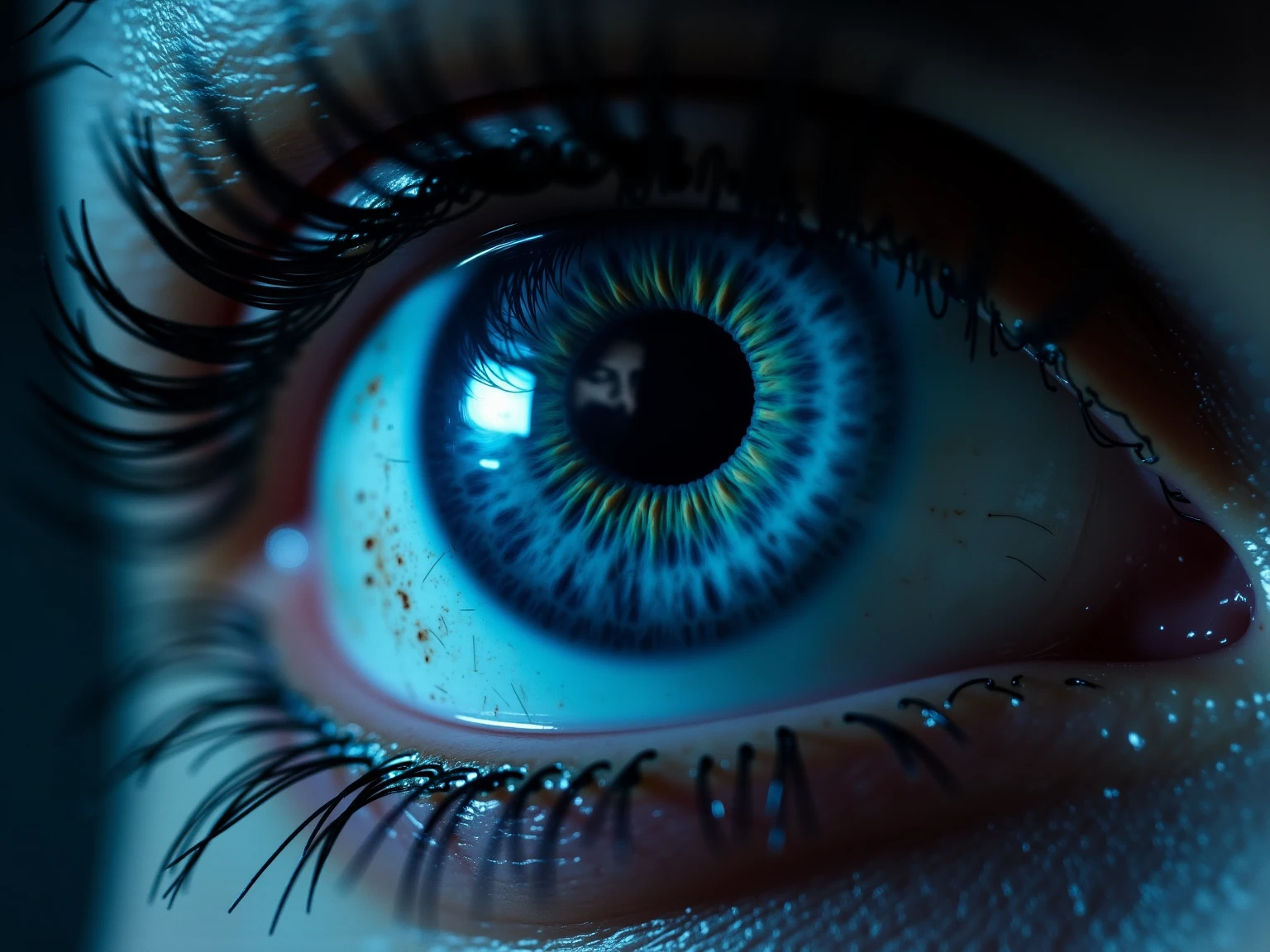 Extreme closeup of a human eyeball with upside image of a murderer in it