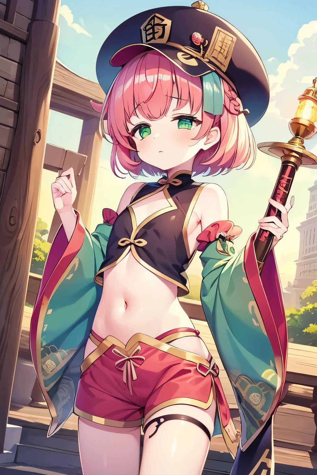 nsfw, masterpiece, 1 girl, erect nipples, intricately detailed, topless, navel, black skirt, bare shoulders, necklace, night, wizard hat, erect nipples, puffy nipples, extremely detailed, photorealistic, octane render, 8 k, unreal engine, bare breasts, nipples, bare stomach, sweaty, moist breath, small breasts smiling, collarbone, wet body, saliva, drooling, pink hair, ray of lights, encore, green eyes, holding wizard staff, embarrassed, forest, trees, grass field, long skirt, waist pounch, sarong