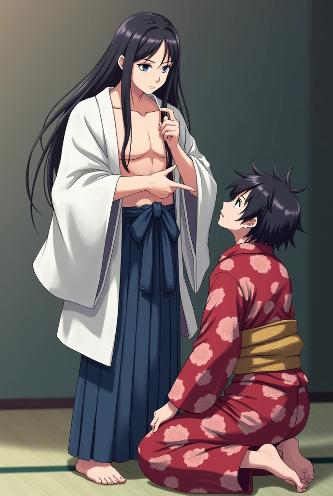 A beautiful 15-year-old pregnant princess from the Sengoku period with long black hair　Gorgeous embroidery, Ultra glossy, She is wearing a shiny red long-sleeved floral layered kimono.... Red kimono jacket　She is forced to embrace an old man in front of her lover.　She gets a dick inserted in her pussy