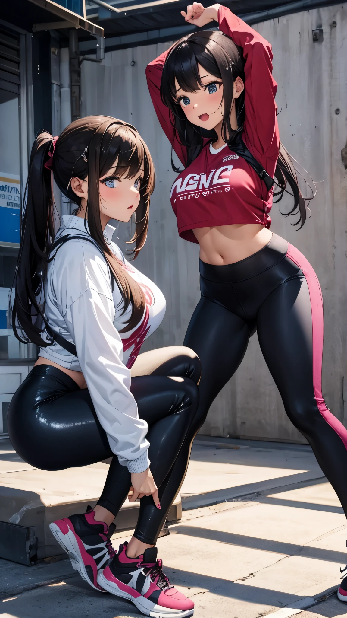 Two female twins holding hands, big breasts,athlete body,ultra detalhada...super tight clothes, legging pants long sleeve t-shirt,ultra detalhada...