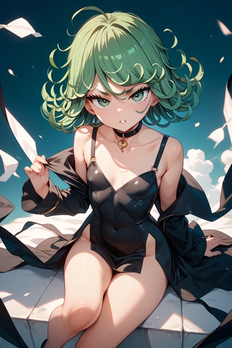 (Masterpiece, Best quality), 1girll, Beautiful face,   tatsumaki, dress, Black dress,Large breasts，cleavage，Off-the-shoulder attire