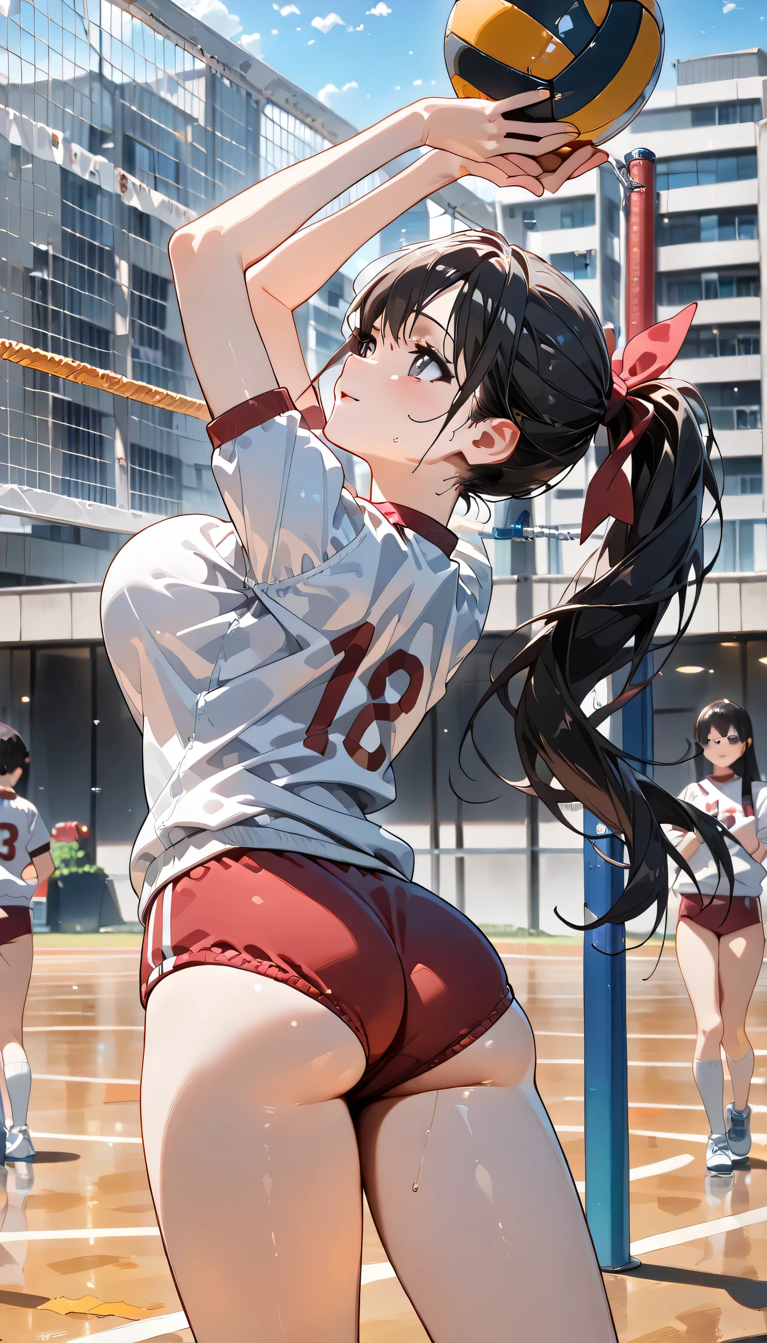((ultra-detailed)), (highly detailed CG illustration), (best quality:1.2), ultra-highly detailed, colorful composition, artistic photoshoot, 1girl, solo focus, ((thigh to top:1.4)), ((cowboy shot:1.4)), moe anime character, girl, dainty facial structure, (bab(round face), ((rounded chin:1.2)), ((ideal ratio body proportions)), celia-default, celia claire, (blue eyes), sparkle eyes, black hair color, ponytail, (hair ribbon with red), ample breasts, (red school gym buruma), ((smile)), ((blush:1.4)), ((Volleyball spikes)), balls, ((jumps)), volleyball (object), volleyball, volleyball net, raise your arms, look up, ((from behind:1.4)), dynamic pose, contrapposto pose, best quality, expecting, pink cheek, blush, light pink gloss slip, portrait, depth of field, soft lighting, sidelighting, (shine), lighting, caustics, ray tracing, perfect face, lustrous skin, highly detailed face, highly detailed eyes, perfect face, perfect nose, perfect hair, perfect eyes, perfect anatomy, beautiful hair, beautiful small face, extremely detailed face, beautiful detailed eyes, beautiful clavicle, beautiful body, beautiful huge breasts, leavage, breasts squeezed together, equalize the size of the left and right breasts, beautiful thin thighs, beautiful legs, beautiful fingers, ((4 fingers)), 1 thumb, lovely, (very detailed background:1.0), (highly detailed background:1.0), summer aesthetic, intricate details, shy atmosphere, summer colors palette, chromatic aberration