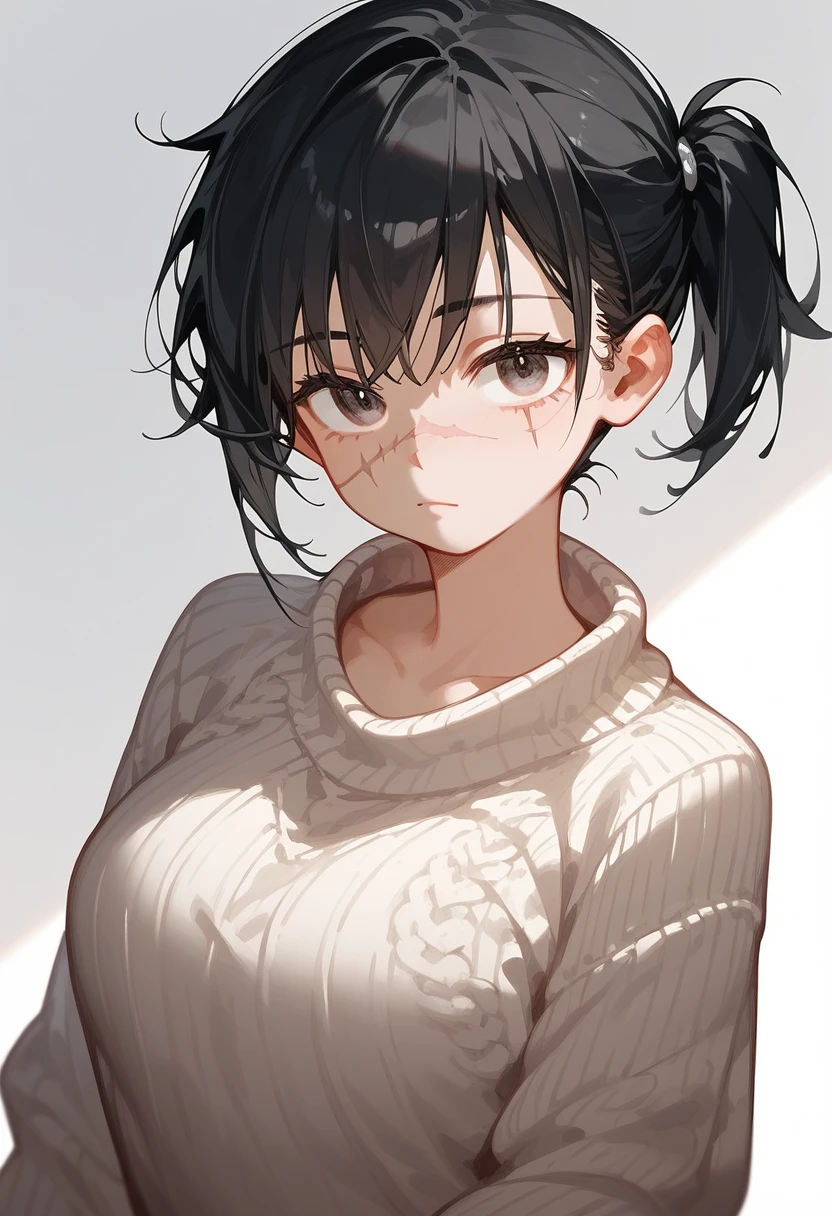 1girl, bangs, bare_shoulders, blush, breasts, brown_eyes, brown_hair, closed_mouth, collarbone, eyebrows_visible_through_hair, looking_at_viewer, mole, mole_under_eye, off_shoulder, ribbed_sweater, smile, solo, sweater, upper_body, blank eyes, expressionless