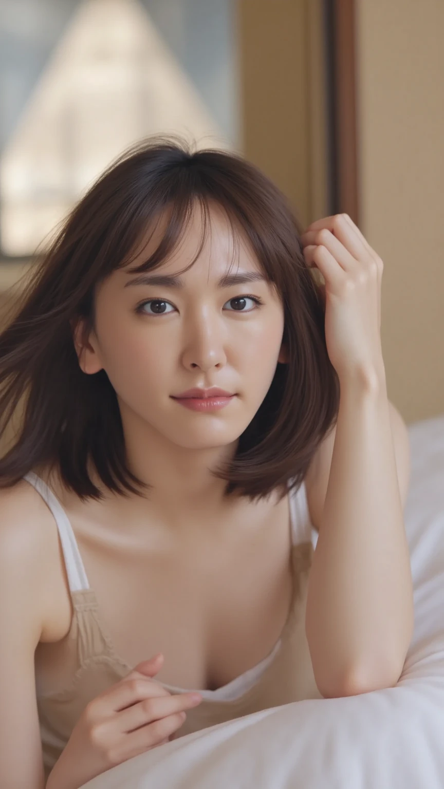 cinematic color, beautiful japanese woman, 40 years old, (best quality, ultra-detailed), detailed face, detailed eyes, correct anatomy, feminin lighting, messy hair, wearing lingeries, delicate features, dreamy atmosphere
