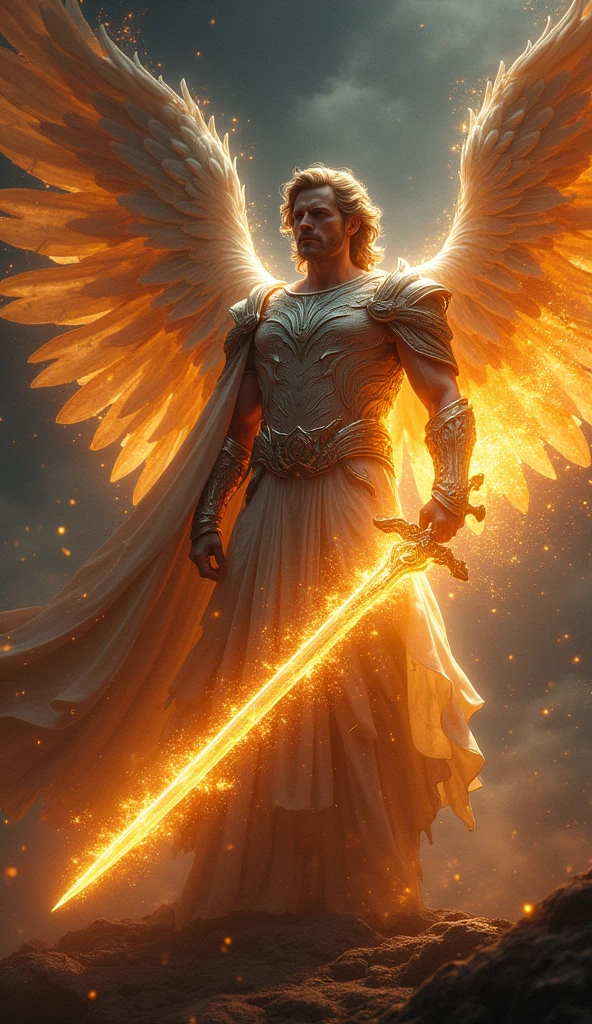 Archangel Michael with a fiery sword in the night - SeaArt AI