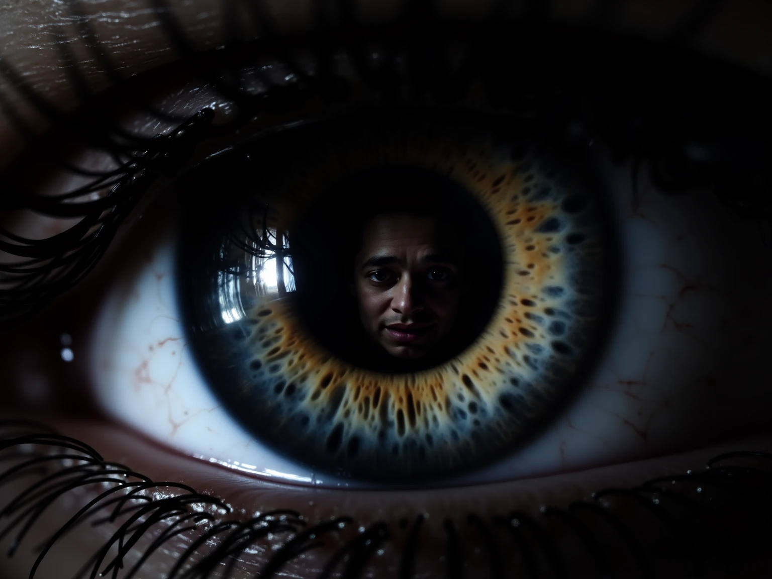 Extreme closeup of a human eyeball with upside image of a murderer in it